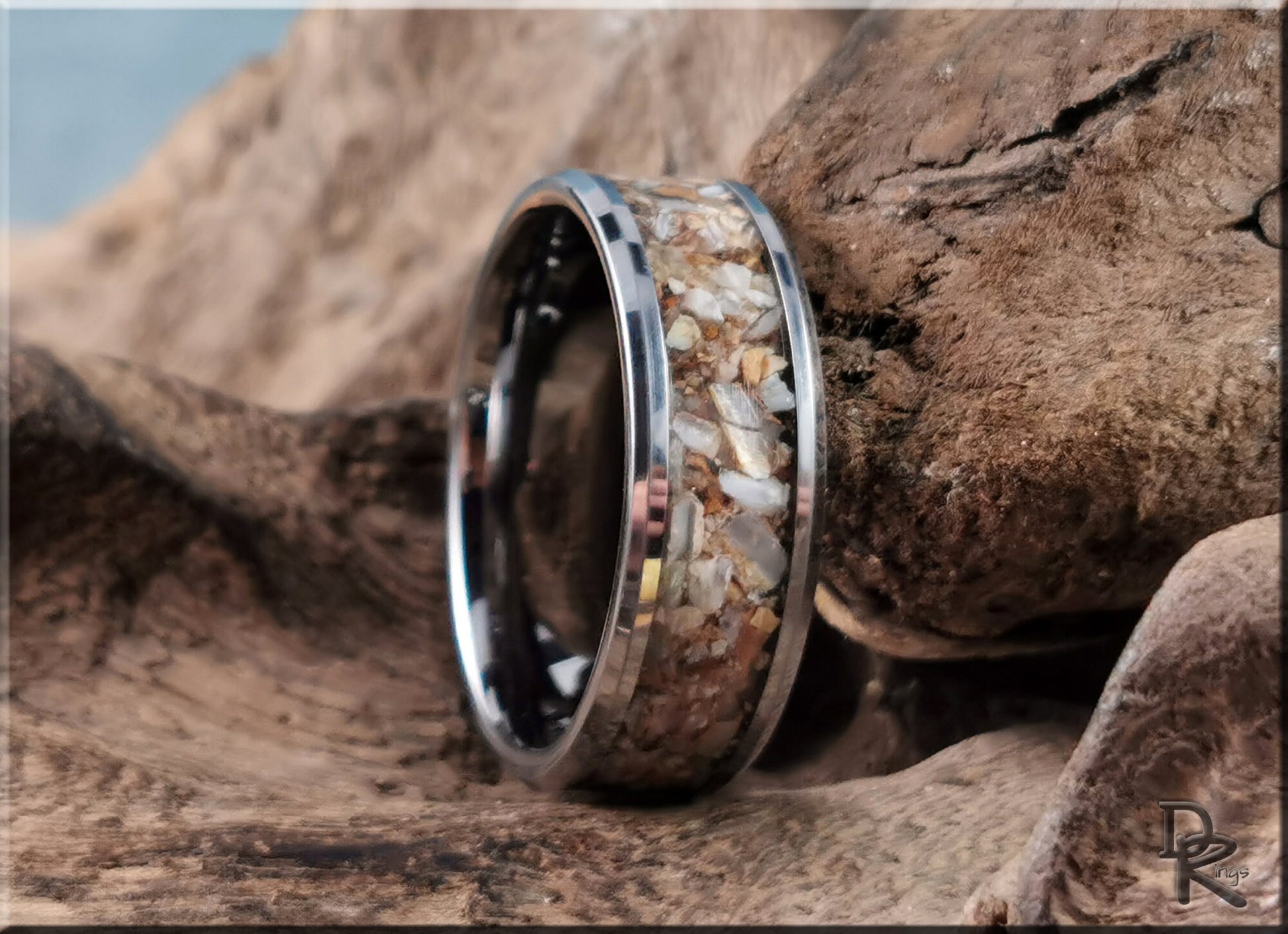 Tungsten Carbide Channel Ring w/Fossilised Ice Age Horse Tooth inlay - metal ring