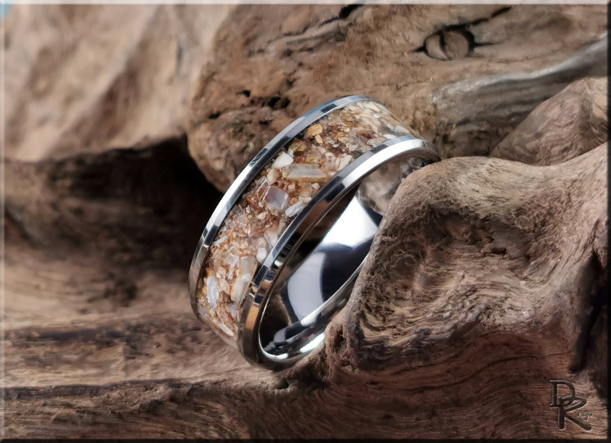 Tungsten Carbide Channel Ring w/Fossilised Ice Age Horse Tooth inlay - metal ring