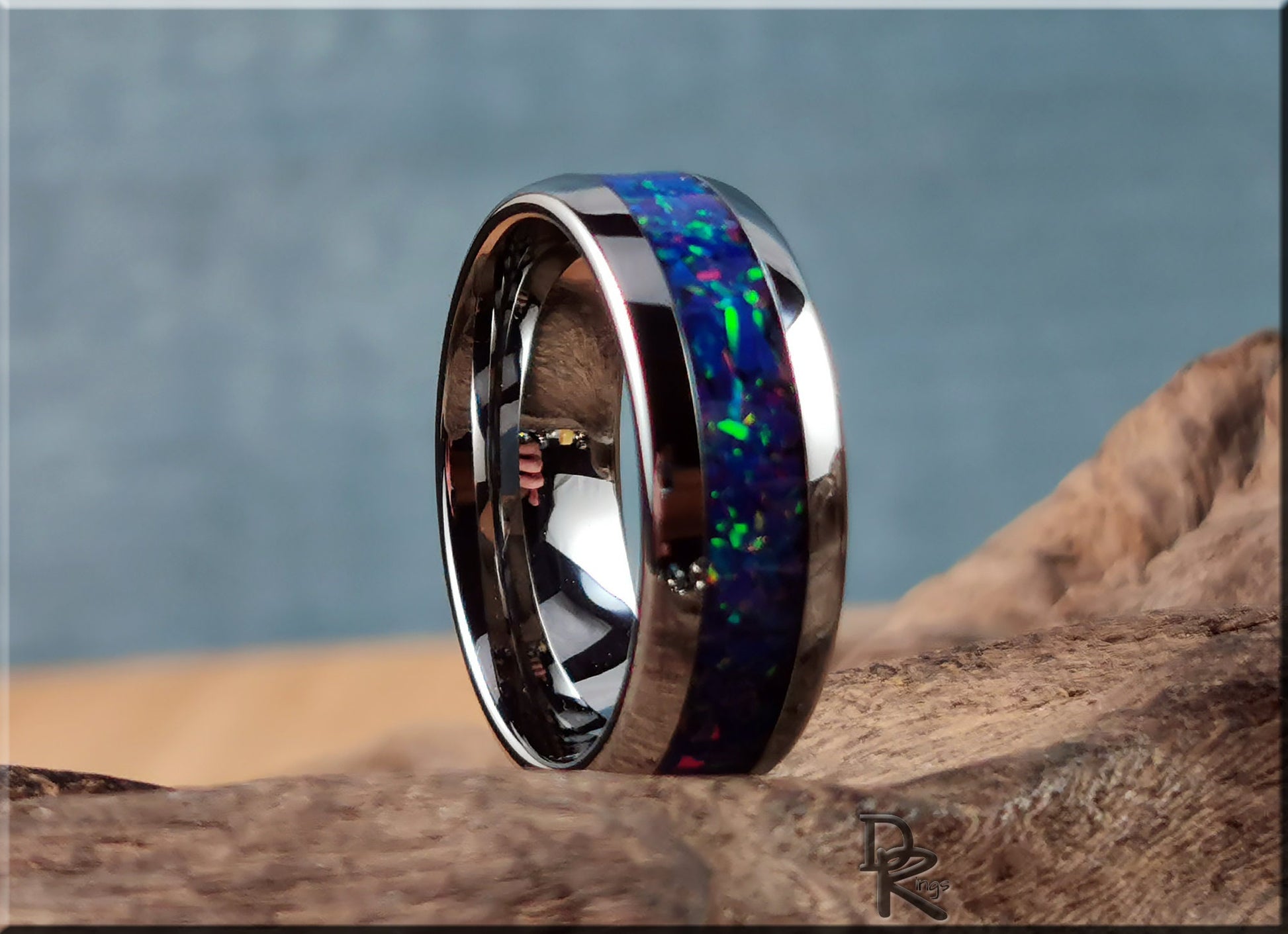 Domed Edge Tungsten Carbide Ring w/Opal inlay - metal ring