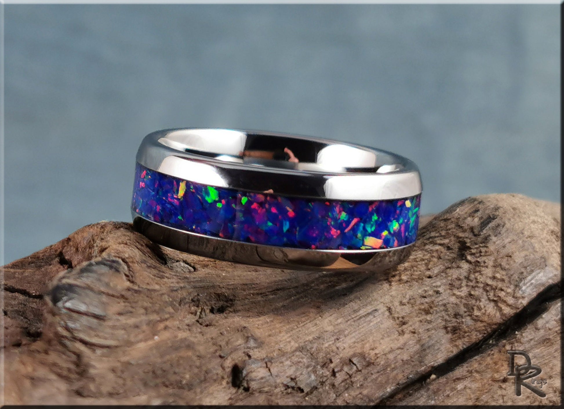 Domed Edge Tungsten Carbide Ring w/Opal inlay - metal ring