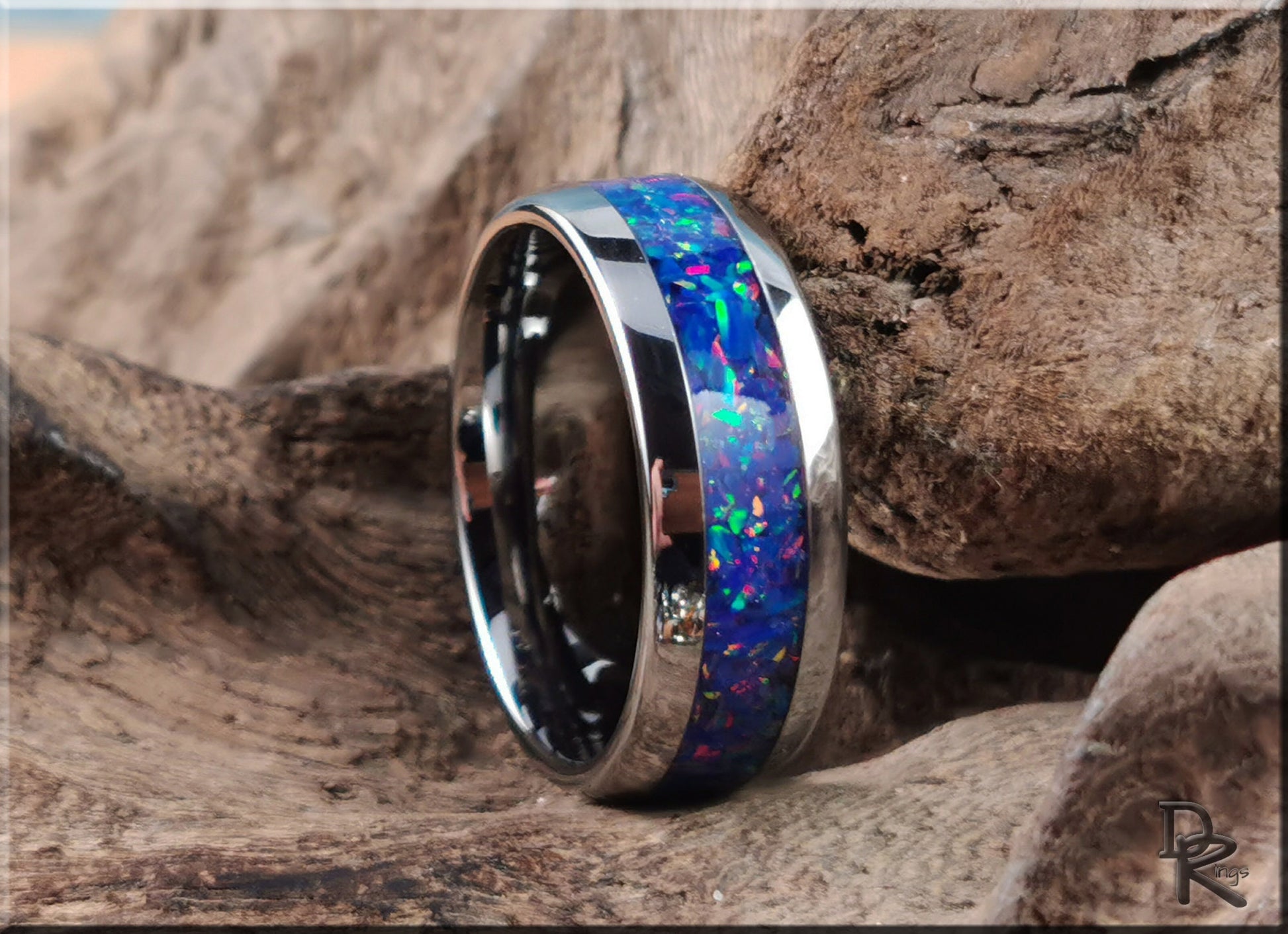 Domed Edge Tungsten Carbide Ring w/Opal inlay - metal ring