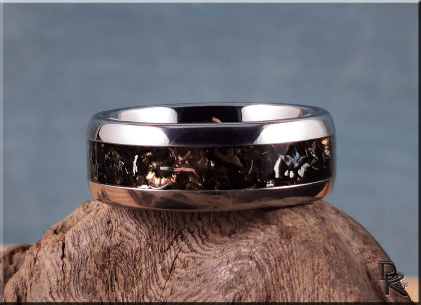 Domed Edge Tungsten Carbide Ring w/Aletai Meteorite inlay - metal ring