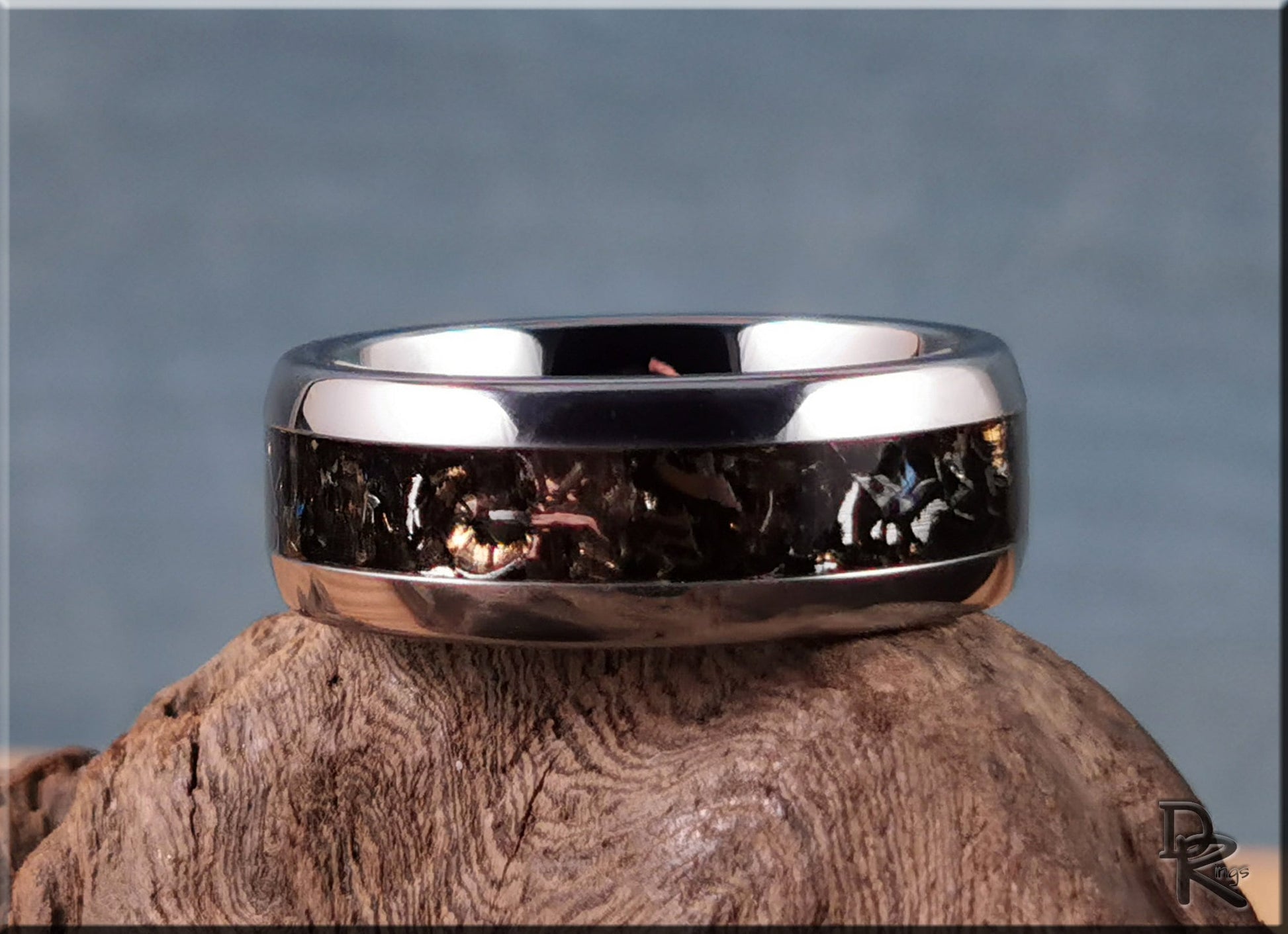 Domed Edge Tungsten Carbide Ring w/Aletai Meteorite inlay - metal ring