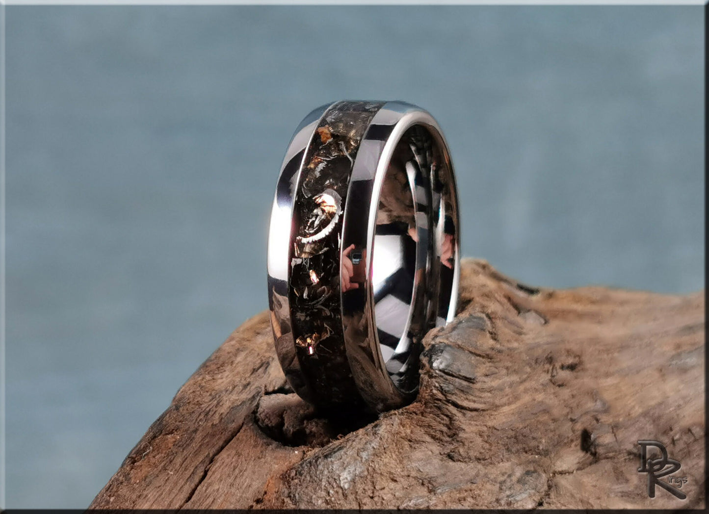 Domed Edge Tungsten Carbide Ring w/Aletai Meteorite inlay - metal ring