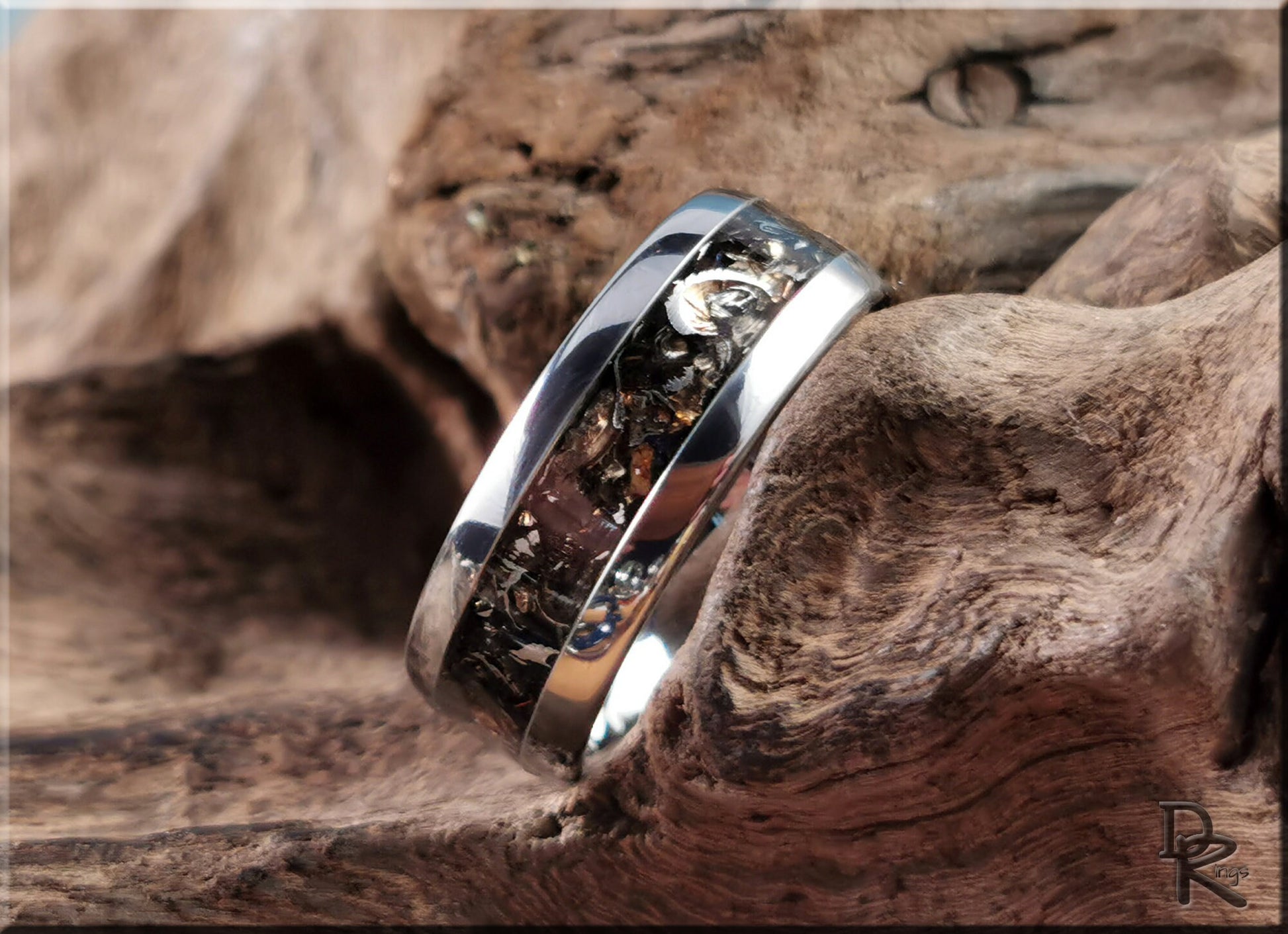 Domed Edge Tungsten Carbide Ring w/Aletai Meteorite inlay - metal ring