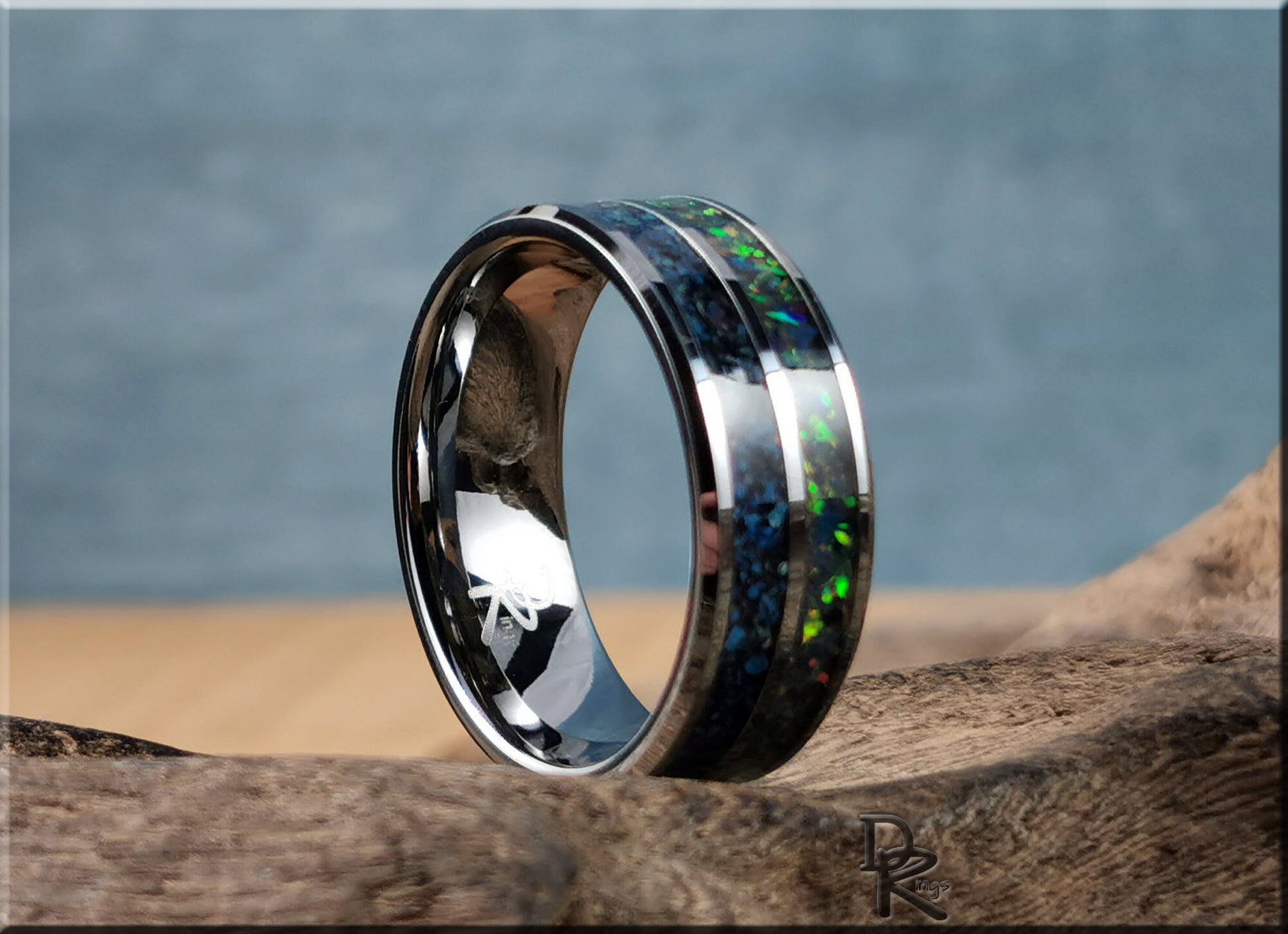 Dual Channel Tungsten Carbide Ring w/Shattuckite and Opal inlays - metal ring