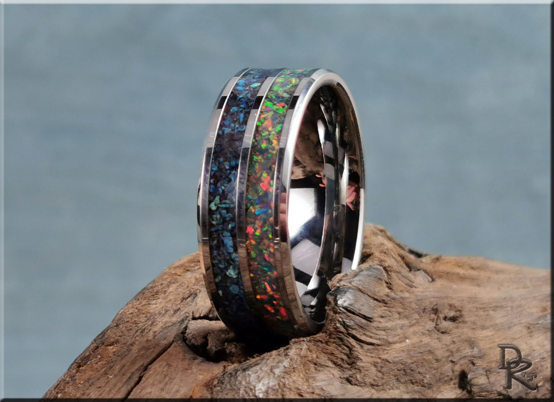 Dual Channel Tungsten Carbide Ring w/Shattuckite and Opal inlays - metal ring