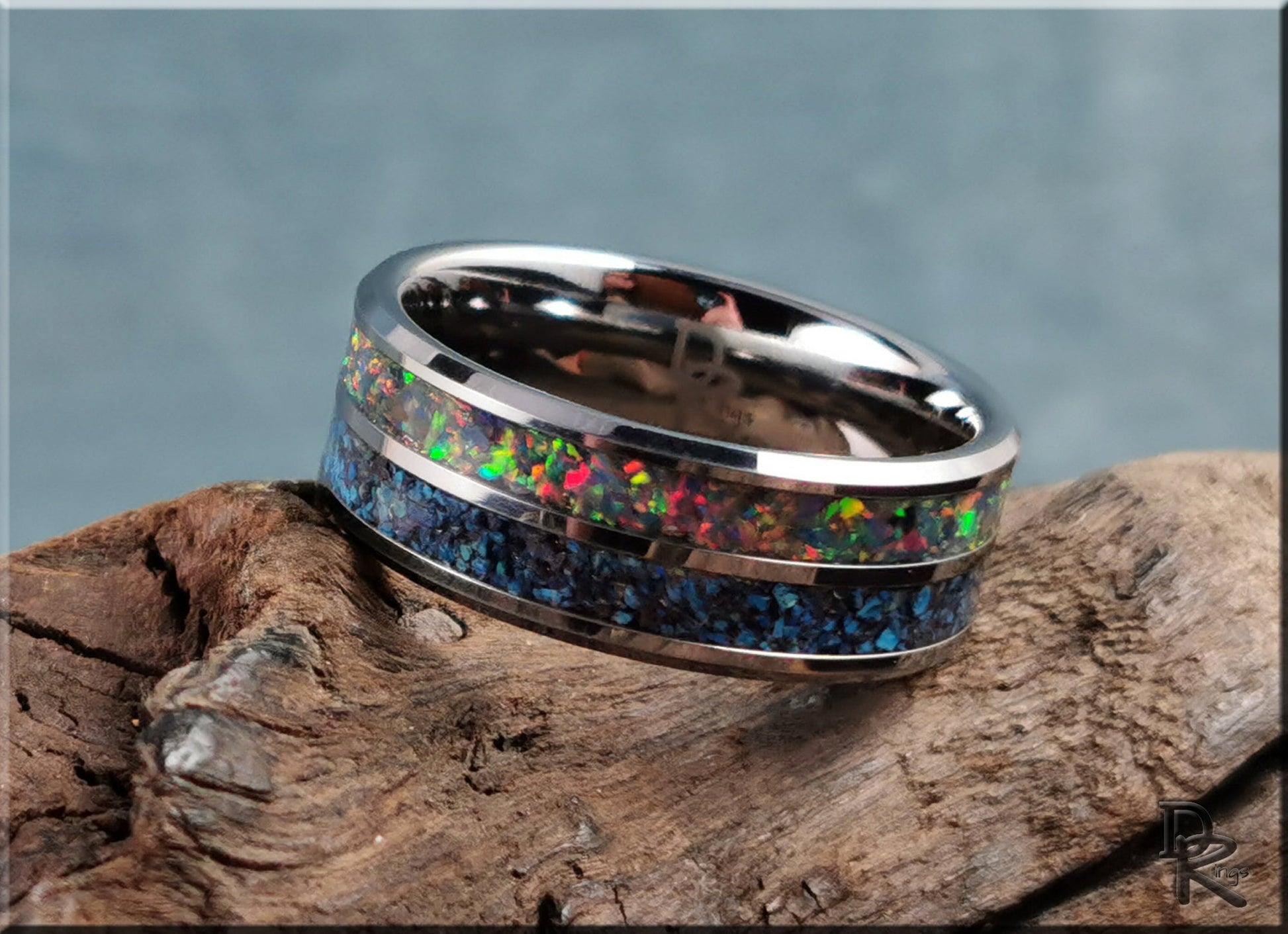 Dual Channel Tungsten Carbide Ring w/Shattuckite and Opal inlays - metal ring