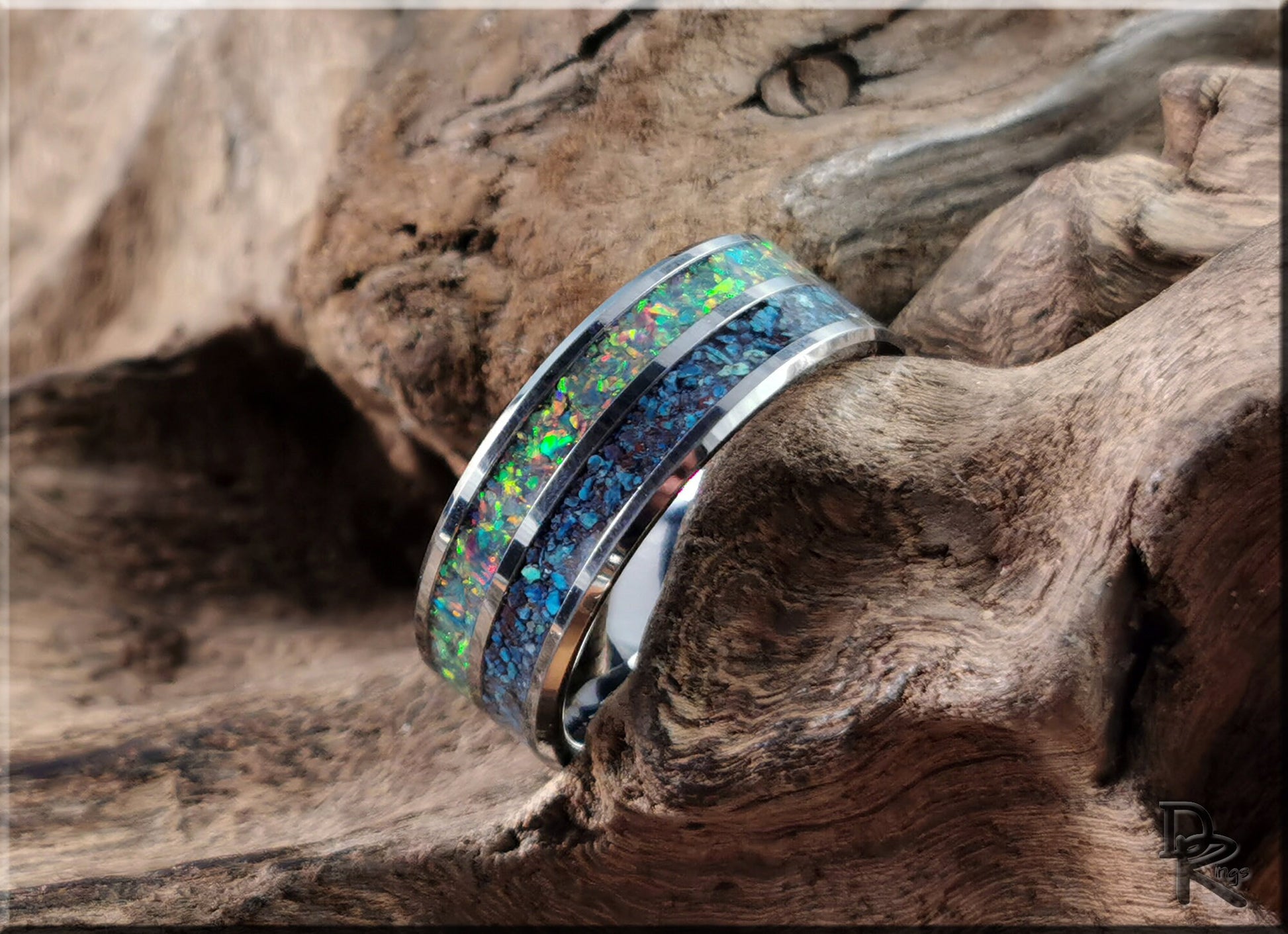 Dual Channel Tungsten Carbide Ring w/Shattuckite and Opal inlays - metal ring