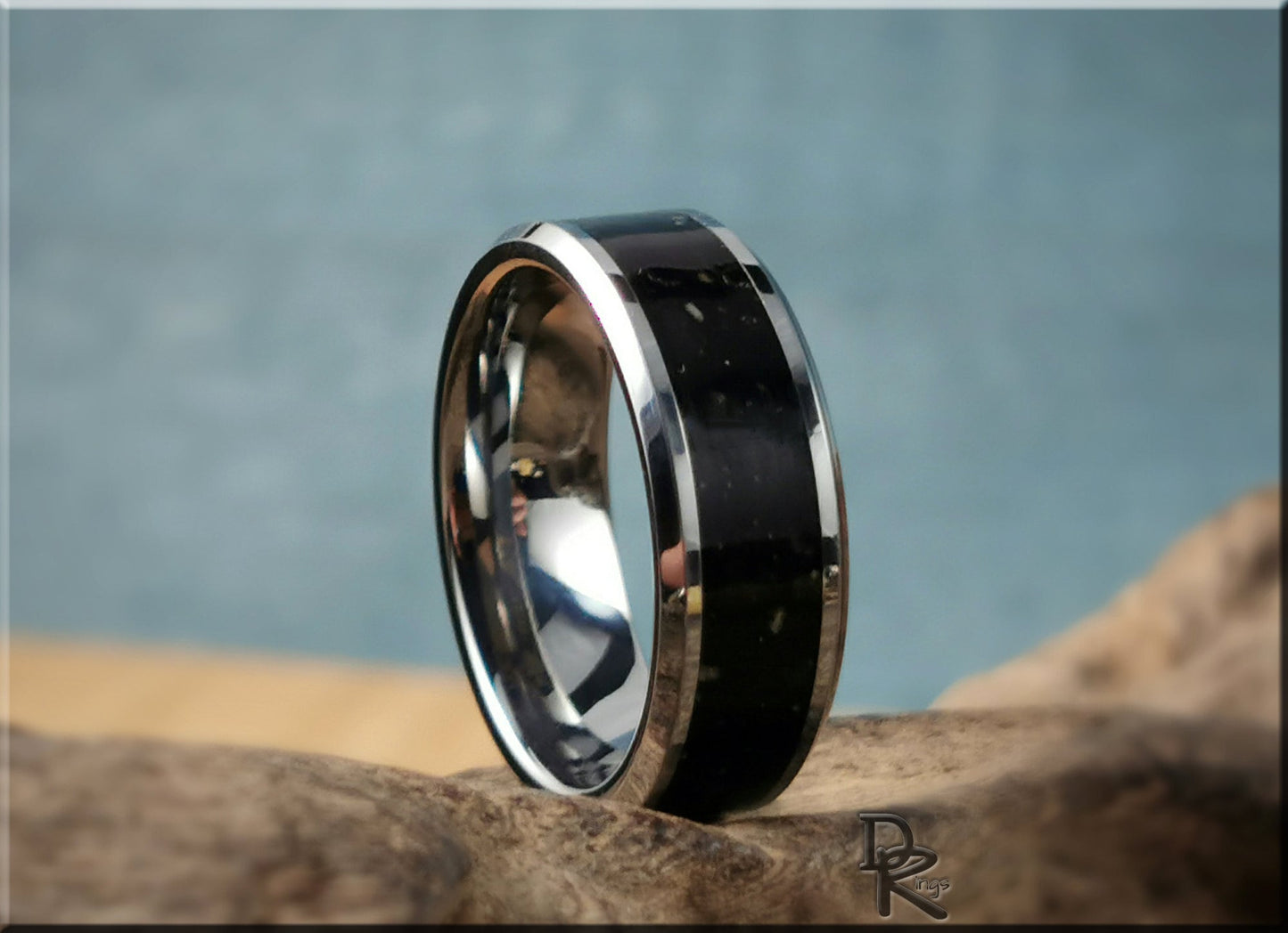 Tungsten Carbide Channel Ring w/Scottish Basaltic Sand inlay - metal ring