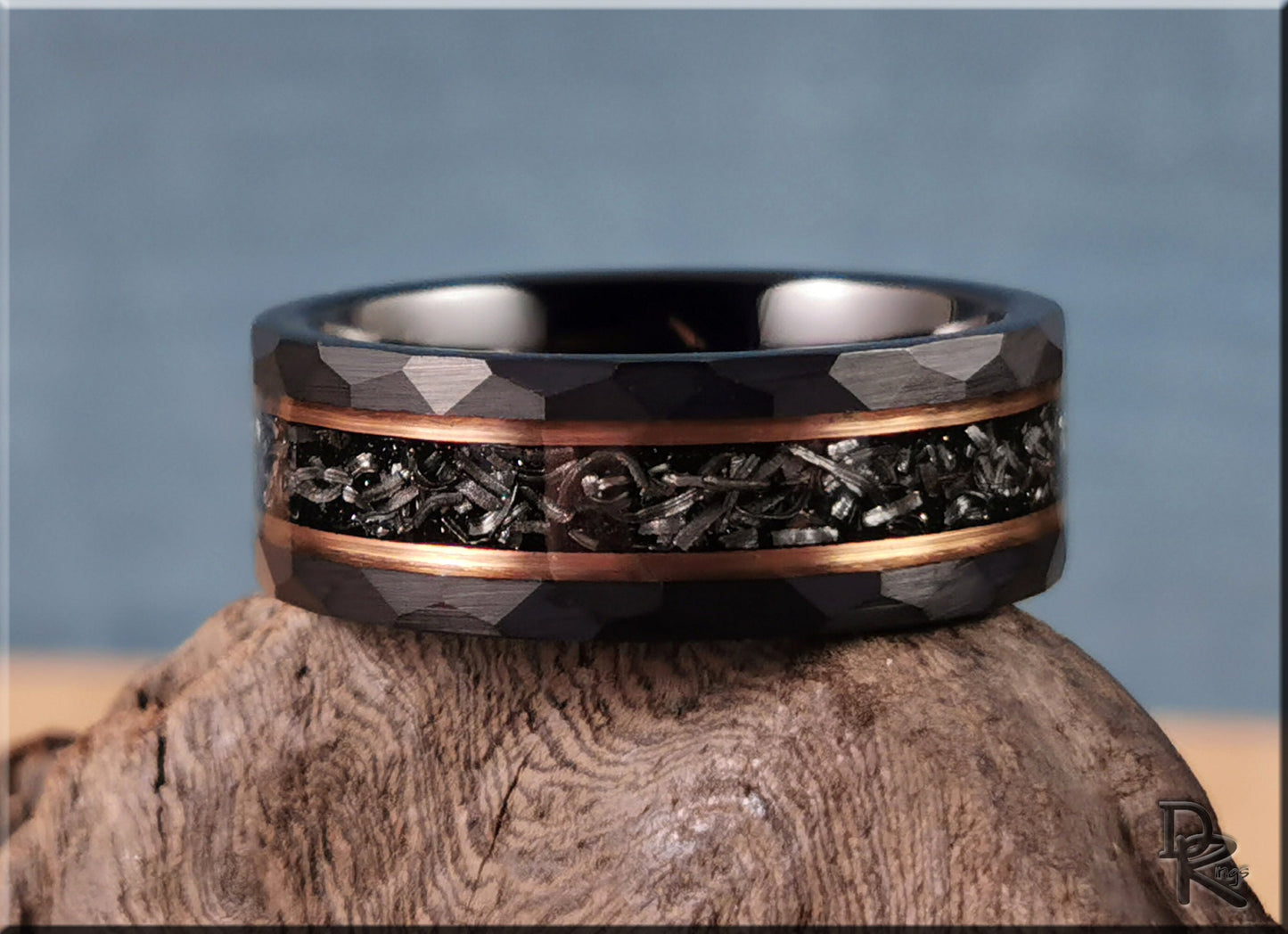 Hammered Black Tungsten Carbide Channel Ring w/Meteorite and Rose Gold inlays - tungsten ring