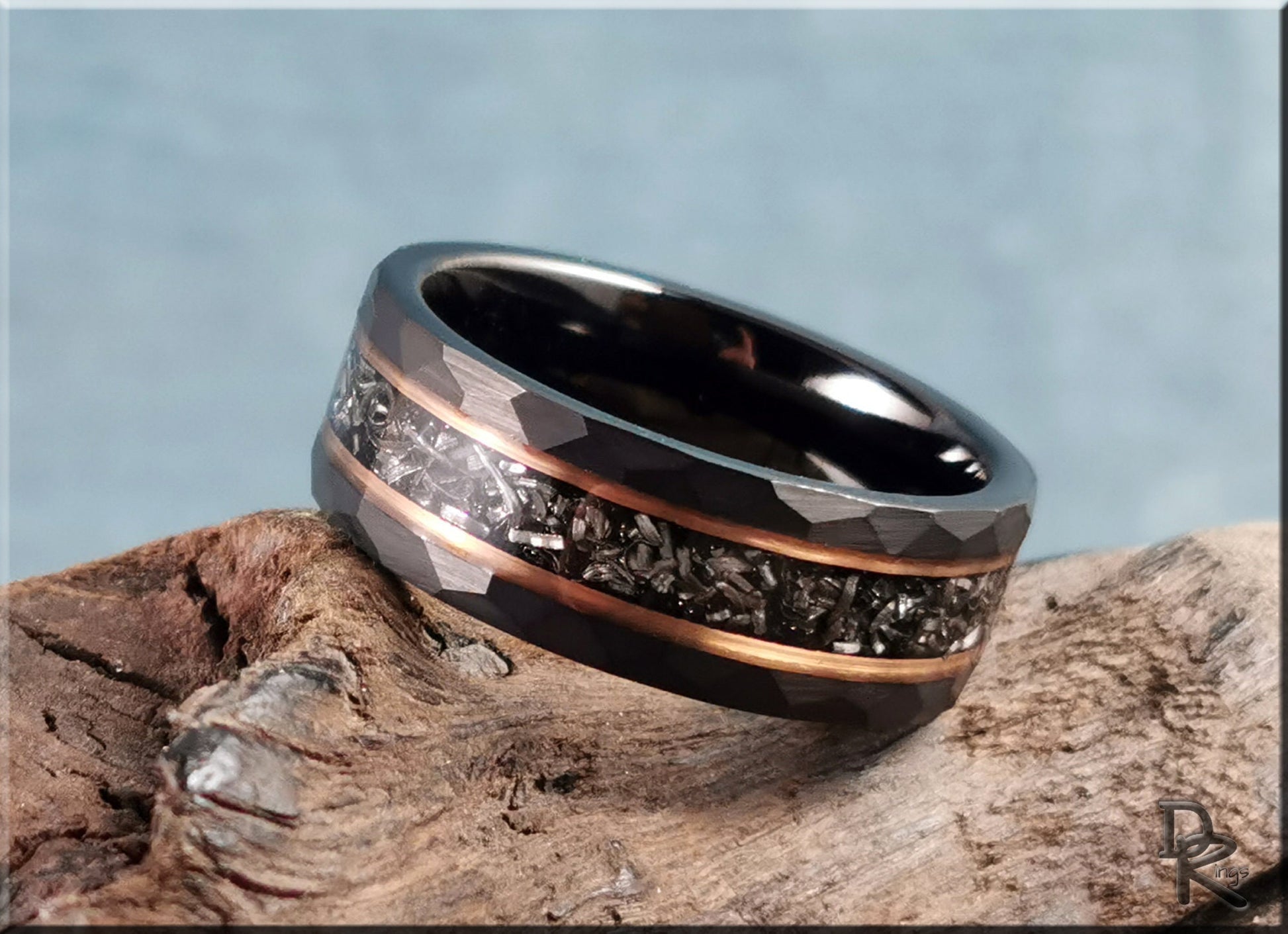 Hammered Black Tungsten Carbide Channel Ring w/Meteorite and Rose Gold inlays - tungsten ring