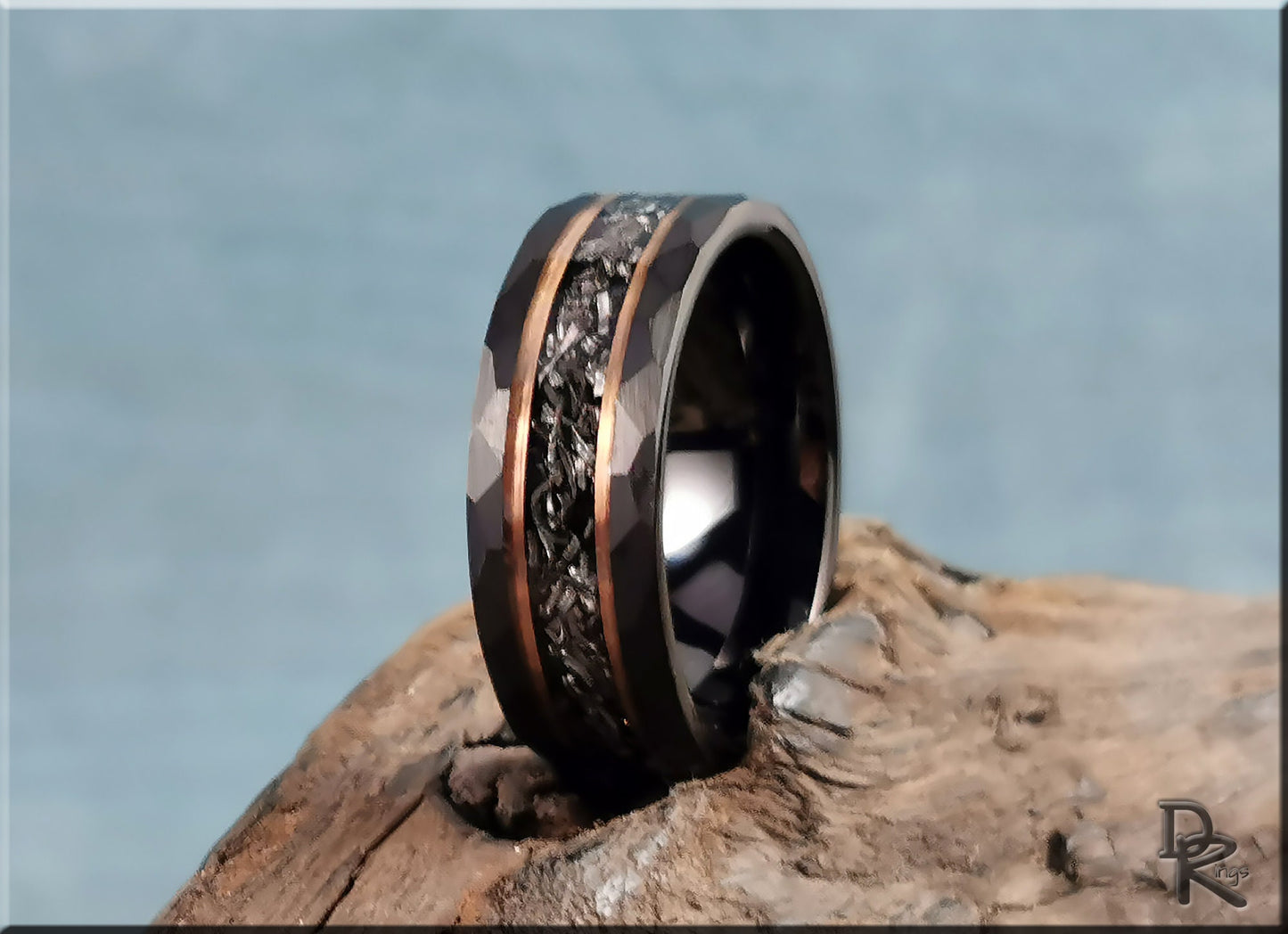 Hammered Black Tungsten Carbide Channel Ring w/Meteorite and Rose Gold inlays - tungsten ring