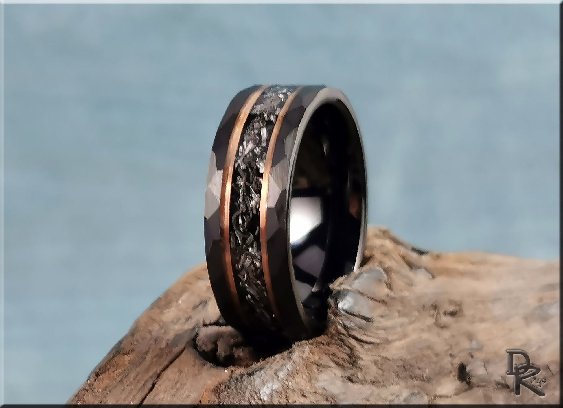 Hammered Black Tungsten Carbide Channel Ring w/Meteorite and Rose Gold inlays - tungsten ring