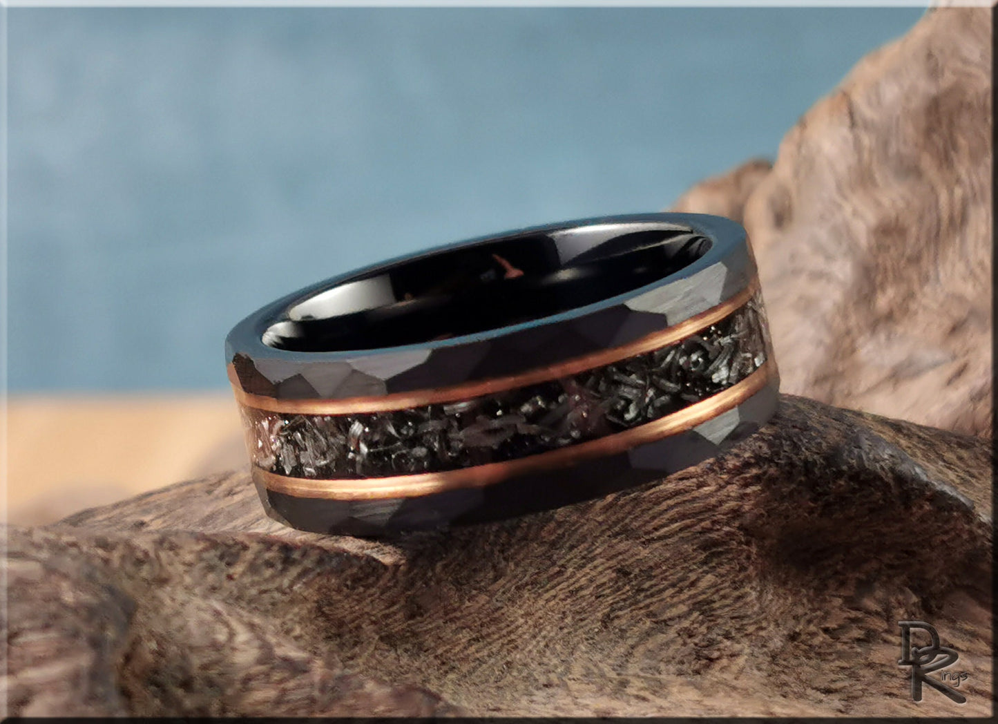 Hammered Black Tungsten Carbide Channel Ring w/Meteorite and Rose Gold inlays - tungsten ring
