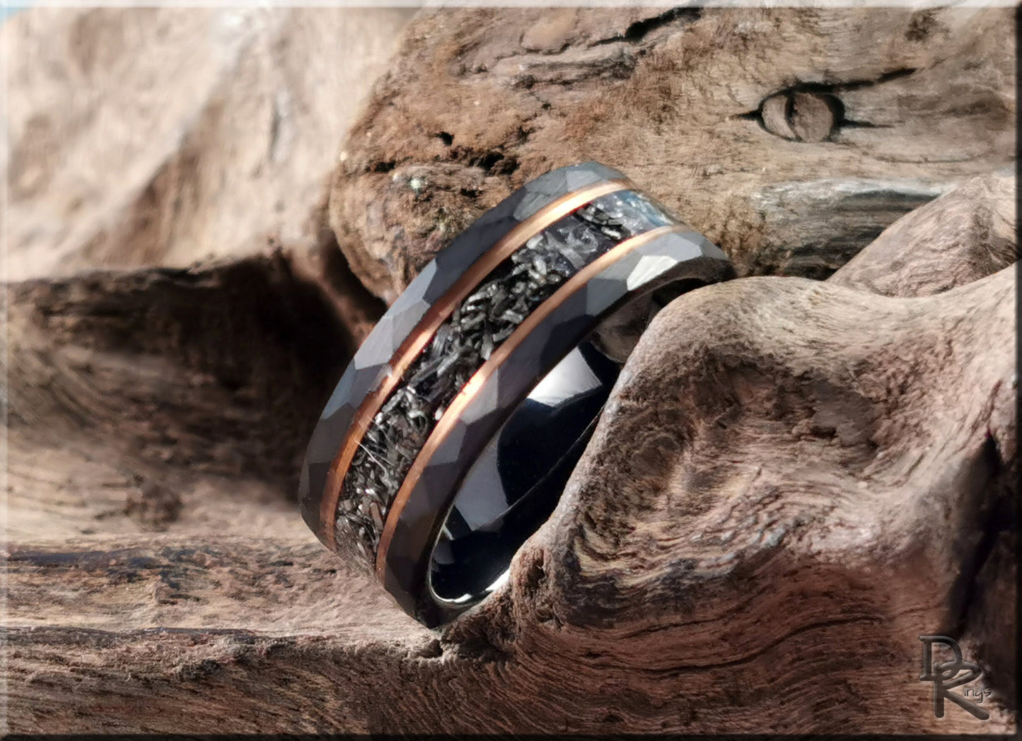 Hammered Black Tungsten Carbide Channel Ring w/Meteorite and Rose Gold inlays - tungsten ring