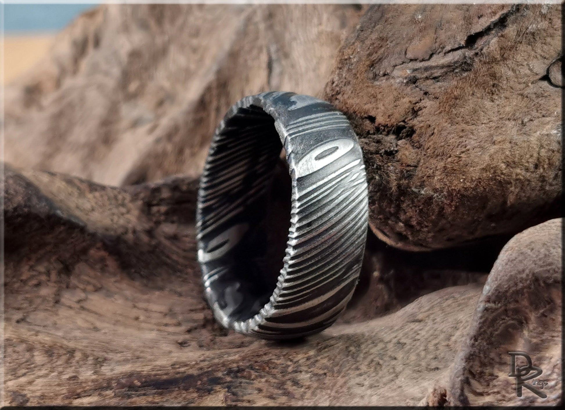 Black Damascus Steel Ring - metal ring