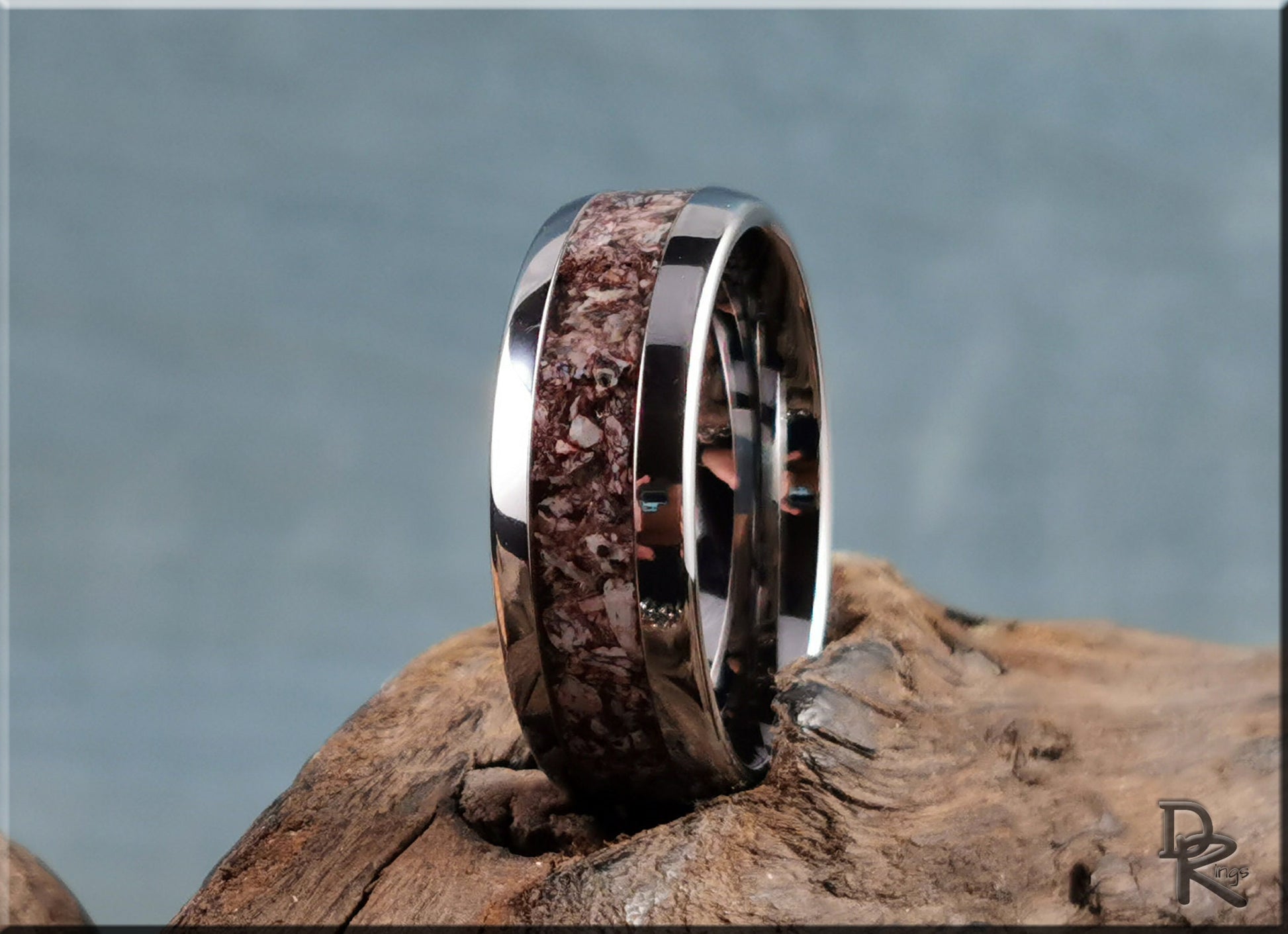 Domed Edge Tungsten Carbide Ring w/Fossilised Brontotherium Bone inlay - metal ring