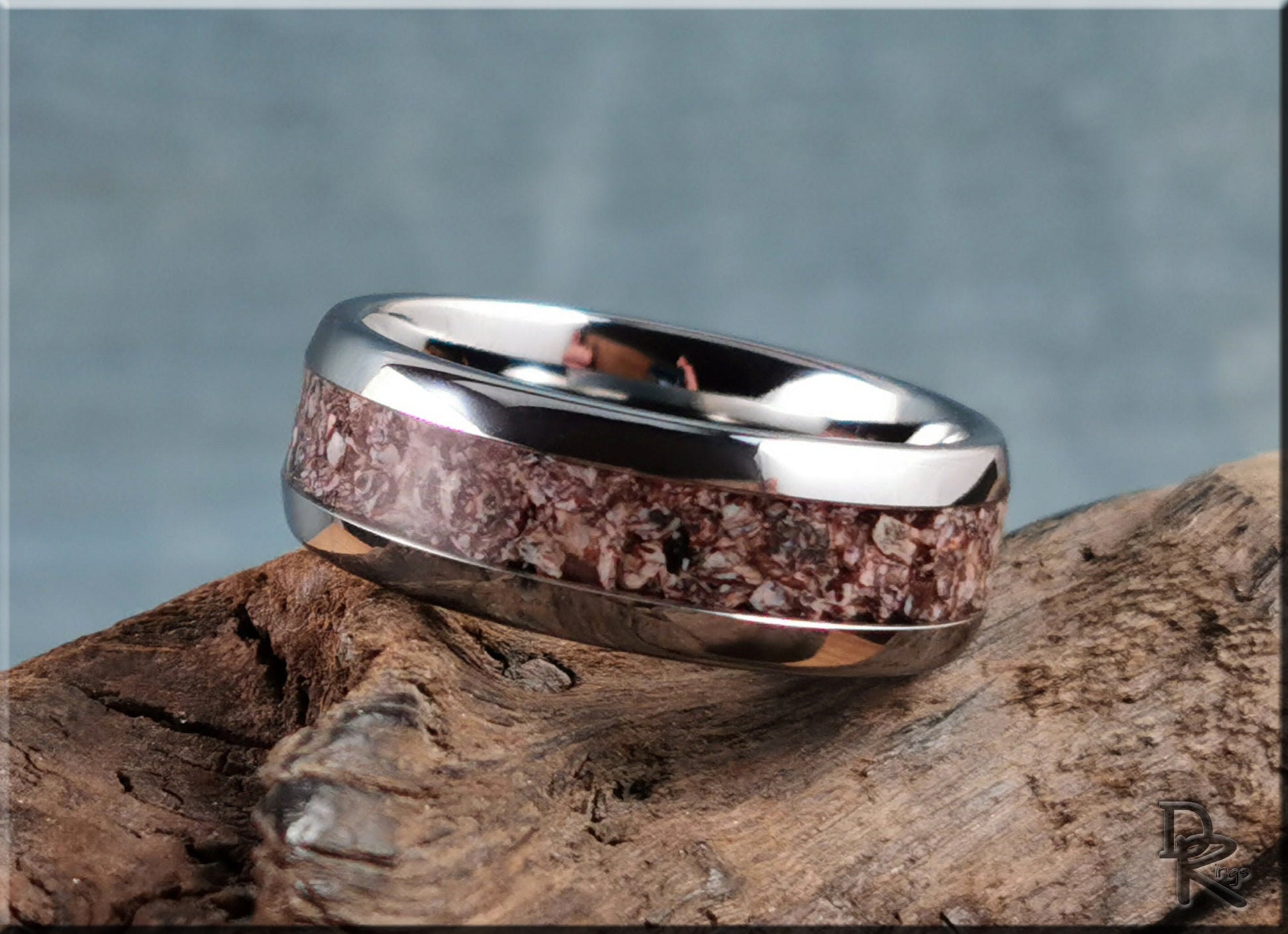 Domed Edge Tungsten Carbide Ring w/Fossilised Brontotherium Bone inlay - metal ring