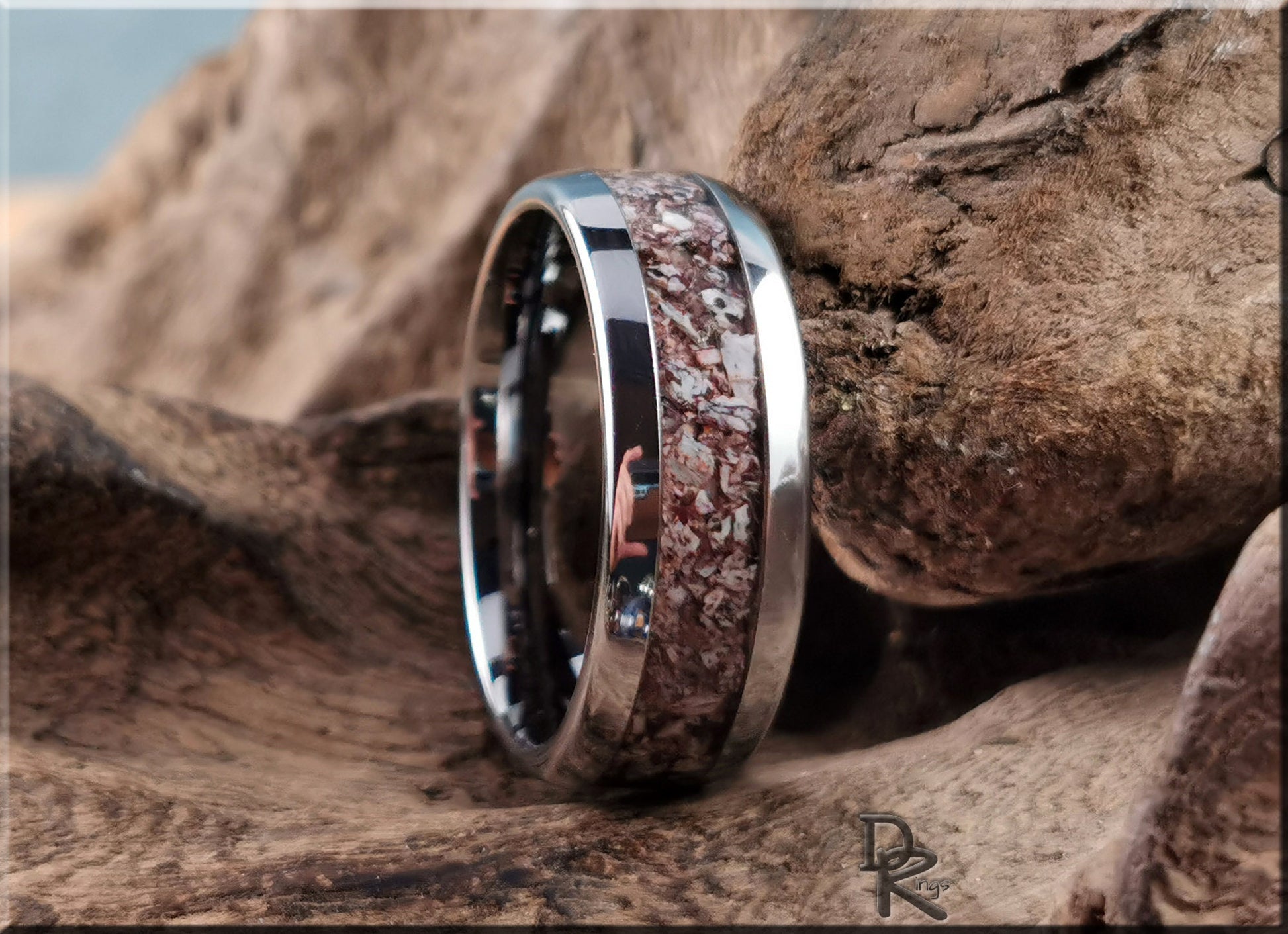 Domed Edge Tungsten Carbide Ring w/Fossilised Brontotherium Bone inlay - metal ring