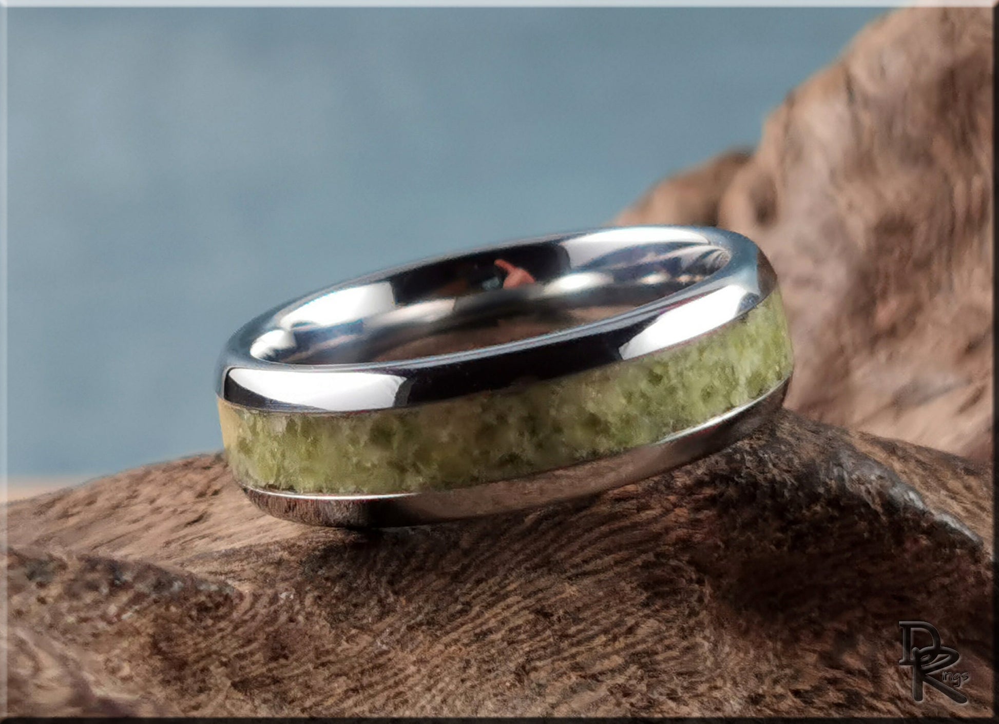 Domed Edge Tungsten Carbide Ring w/'Gemmy' Vesuvianite inlay - metal ring