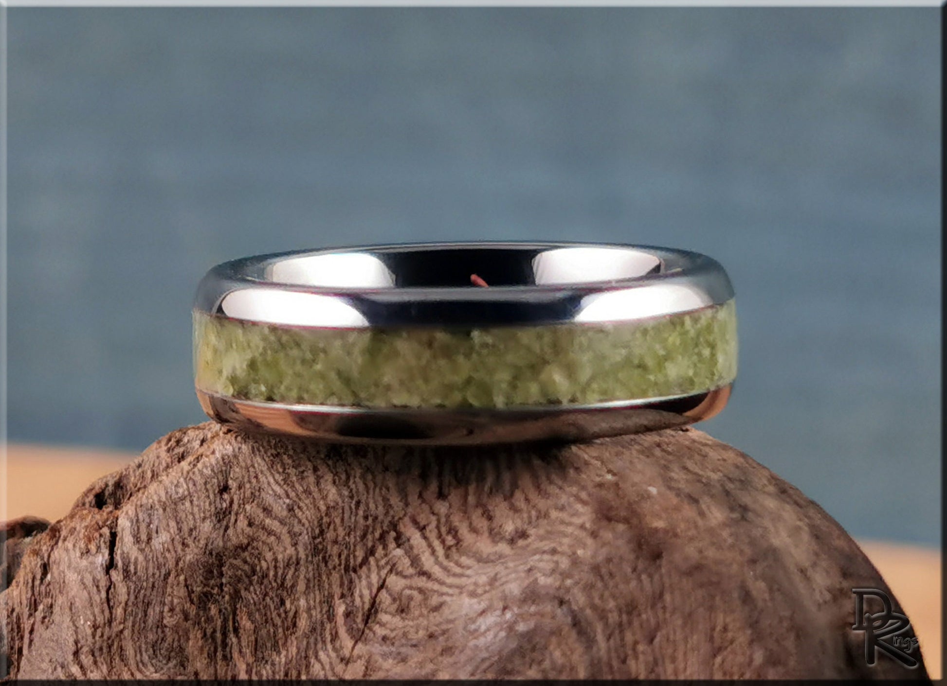 Domed Edge Tungsten Carbide Ring w/'Gemmy' Vesuvianite inlay - metal ring