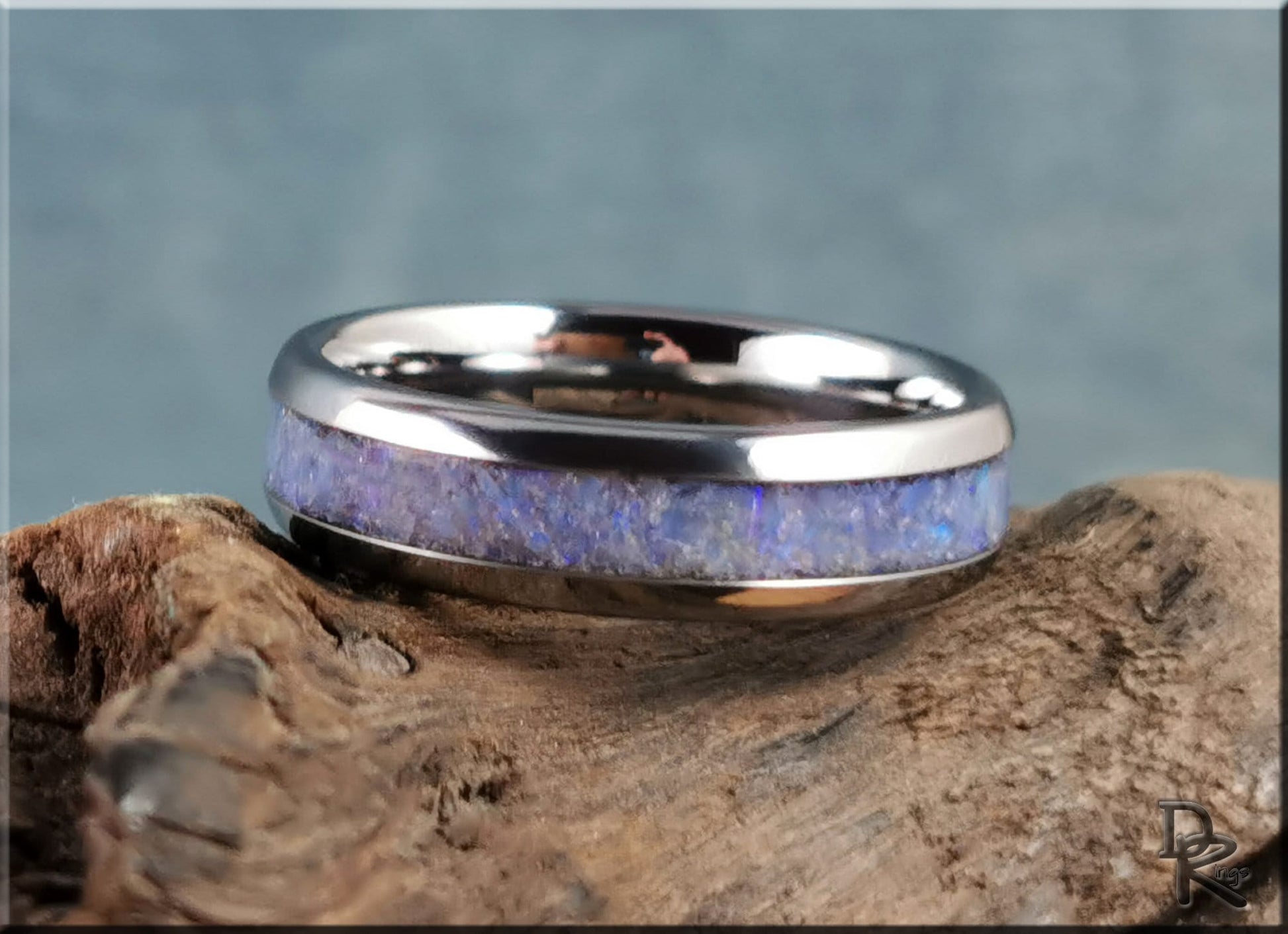 Domed Edge Tungsten Carbide Ring w/Genuine Australian Coober Pedy Opal inlay - metal ring