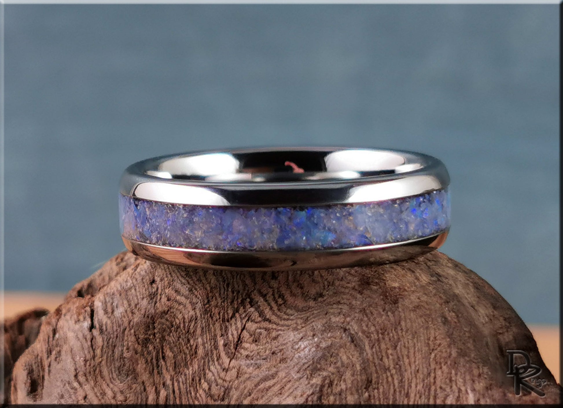 Domed Edge Tungsten Carbide Ring w/Genuine Australian Coober Pedy Opal inlay - metal ring