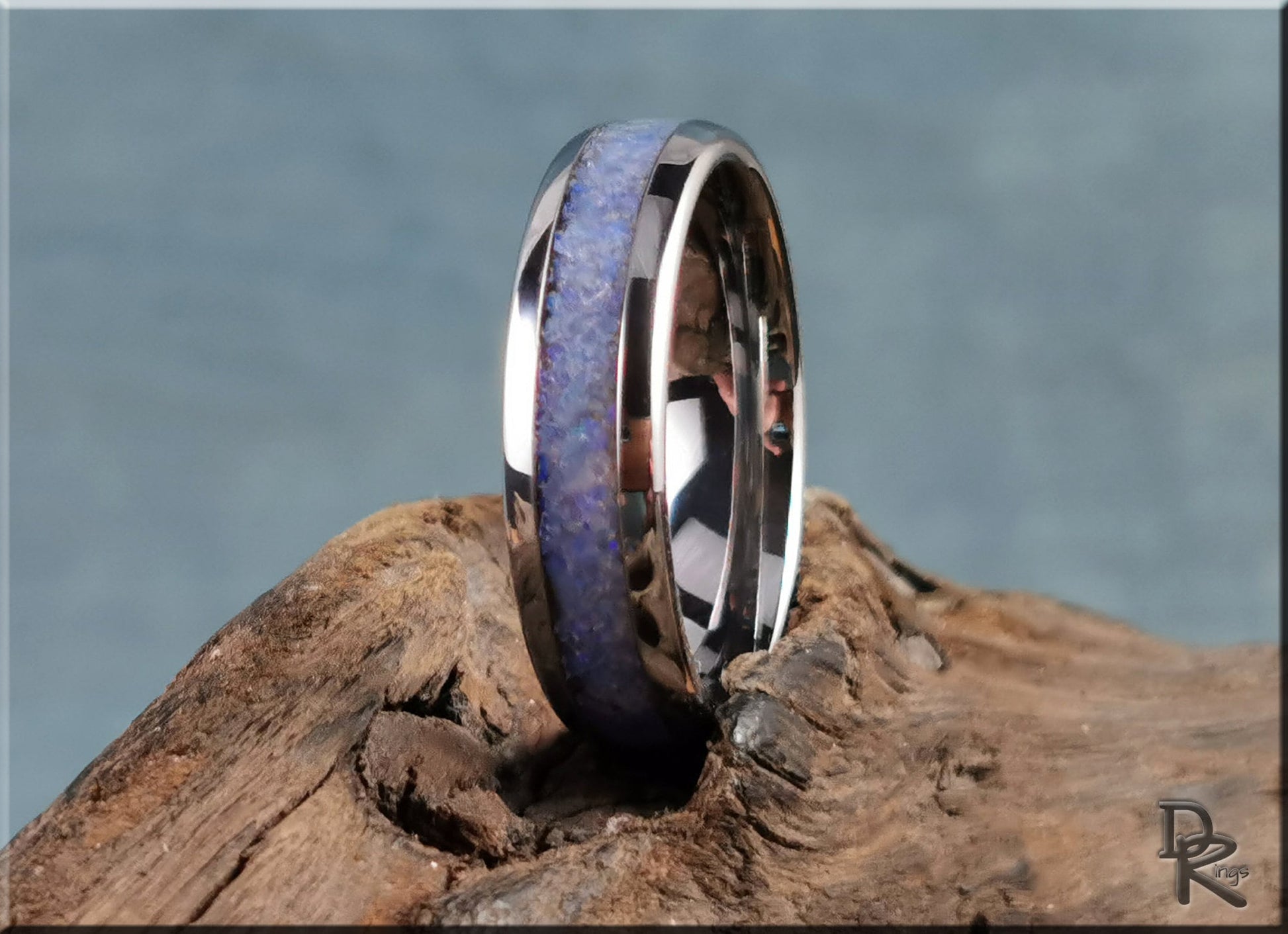 Domed Edge Tungsten Carbide Ring w/Genuine Australian Coober Pedy Opal inlay - metal ring