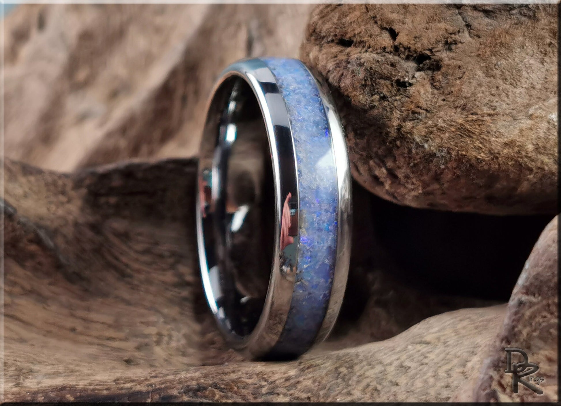 Domed Edge Tungsten Carbide Ring w/Genuine Australian Coober Pedy Opal inlay - metal ring