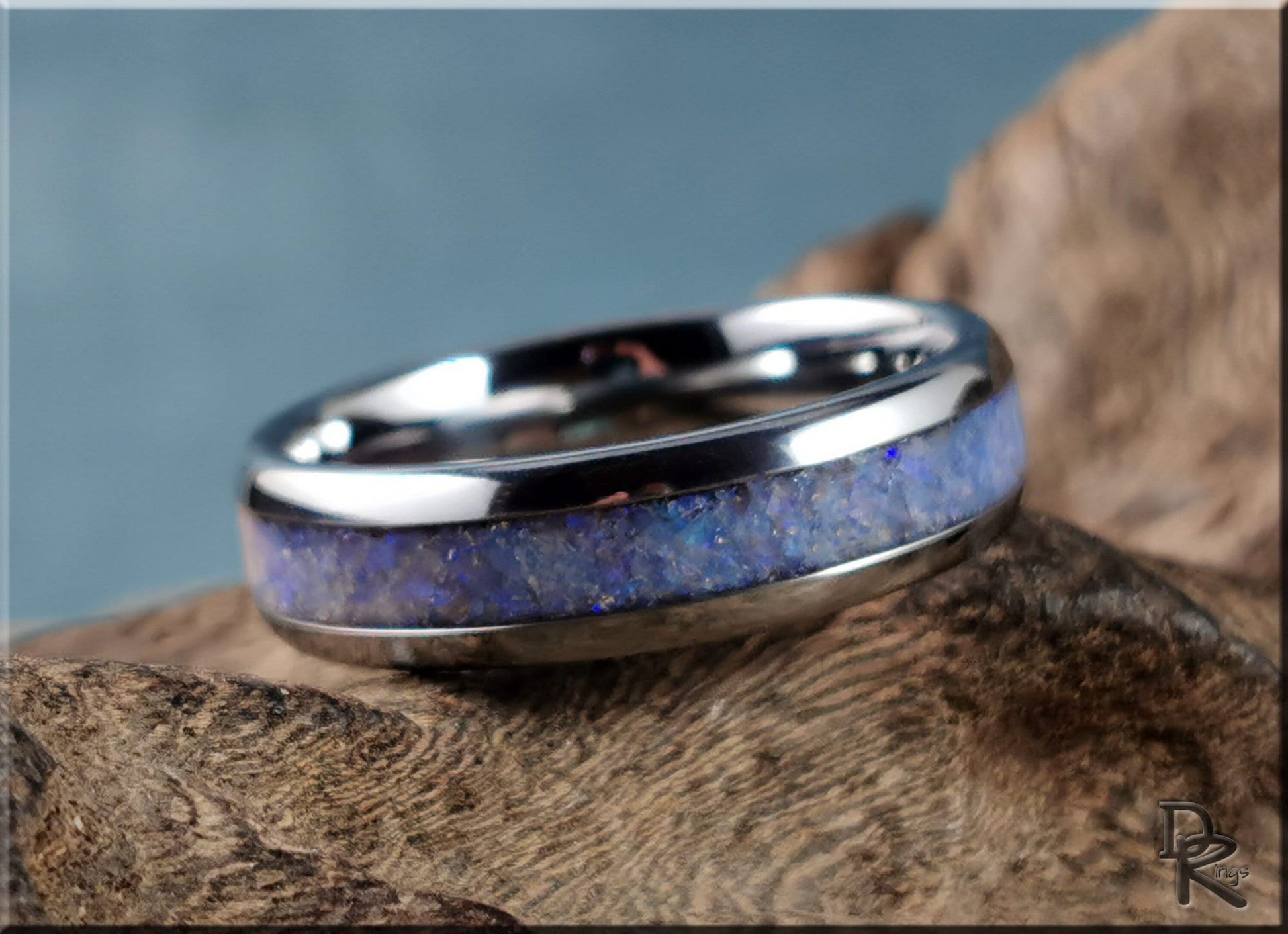 Domed Edge Tungsten Carbide Ring w/Genuine Australian Coober Pedy Opal inlay - metal ring