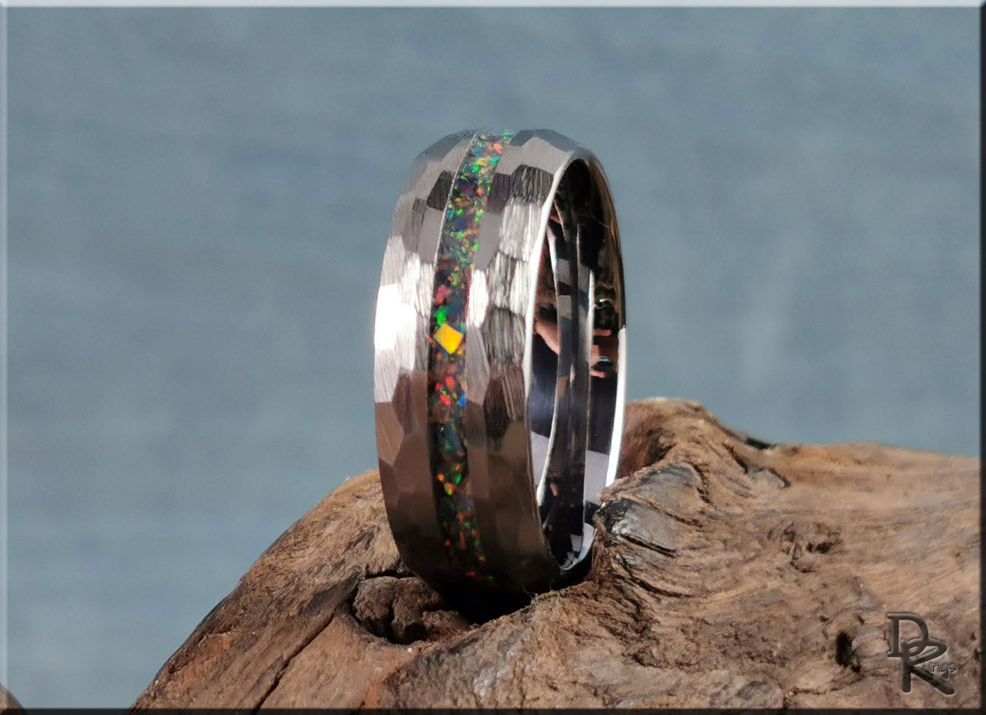 Hammered Tungsten Carbide Channel Ring w/Opal inlay - metal ring