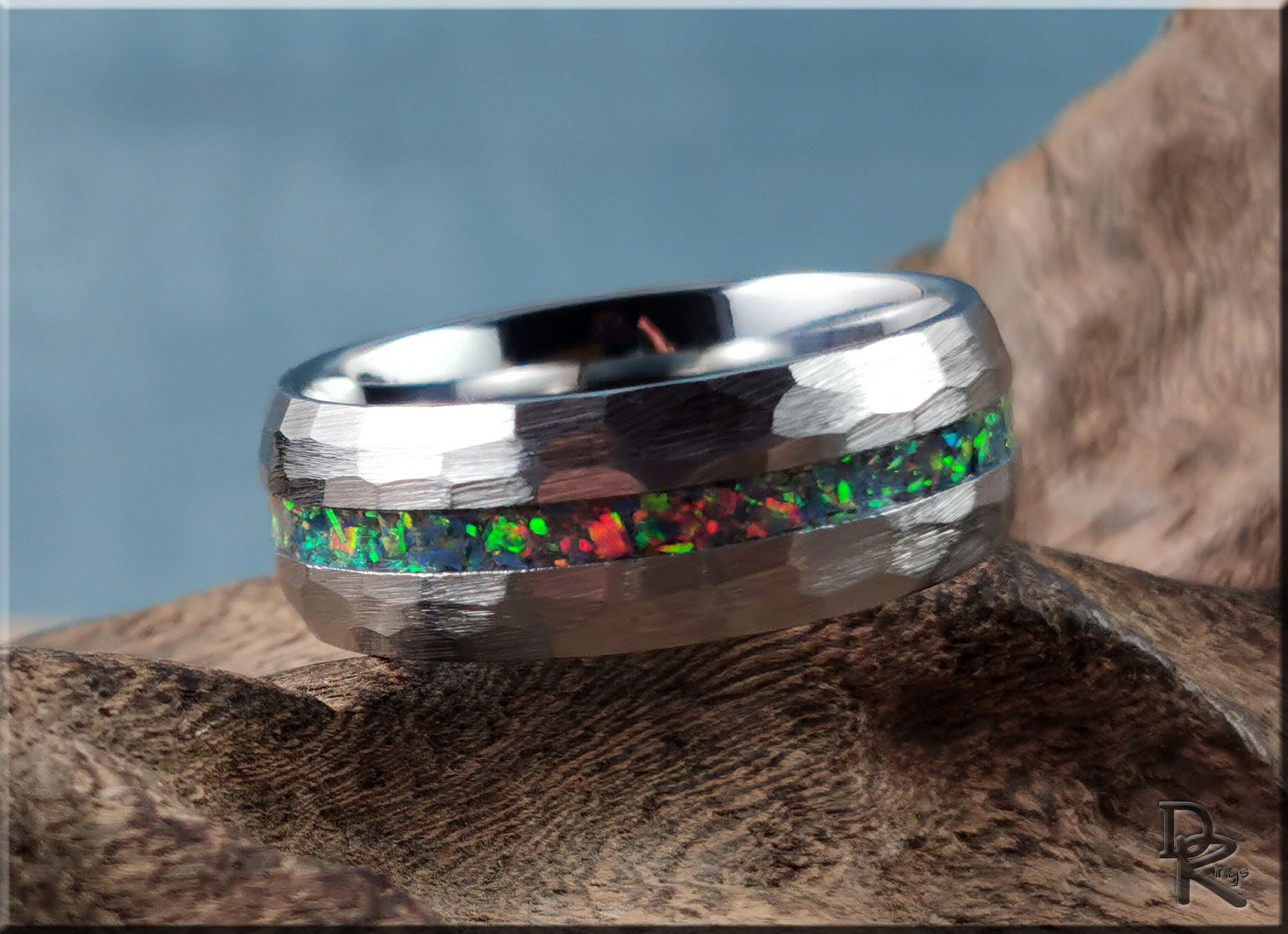 Hammered Tungsten Carbide Channel Ring w/Opal inlay - metal ring