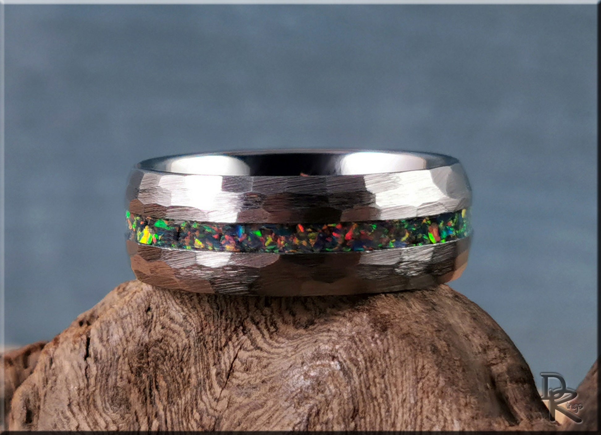Hammered Tungsten Carbide Channel Ring w/Opal inlay - metal ring