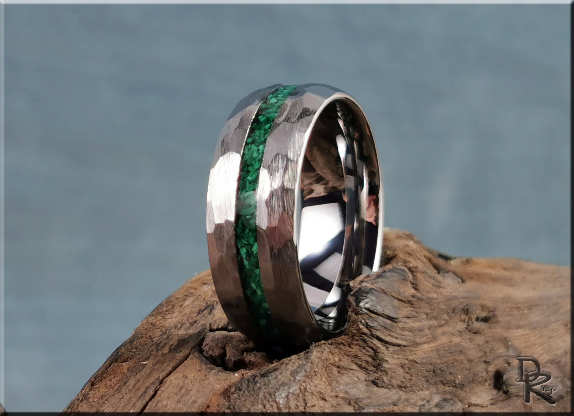 Hammered Tungsten Carbide Channel Ring w/Green Malachite inlay - metal ring