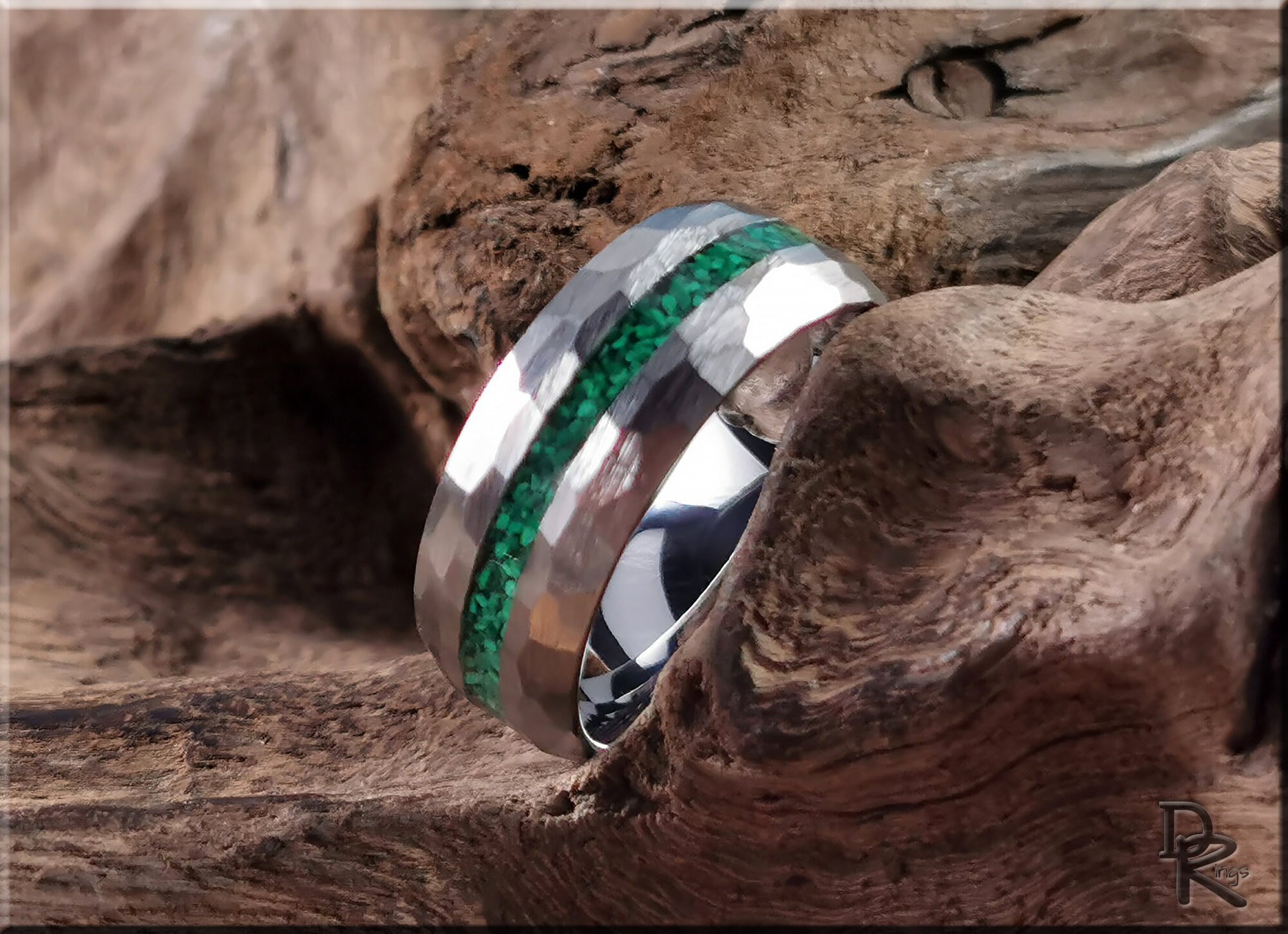 Hammered Tungsten Carbide Channel Ring w/Green Malachite inlay - metal ring