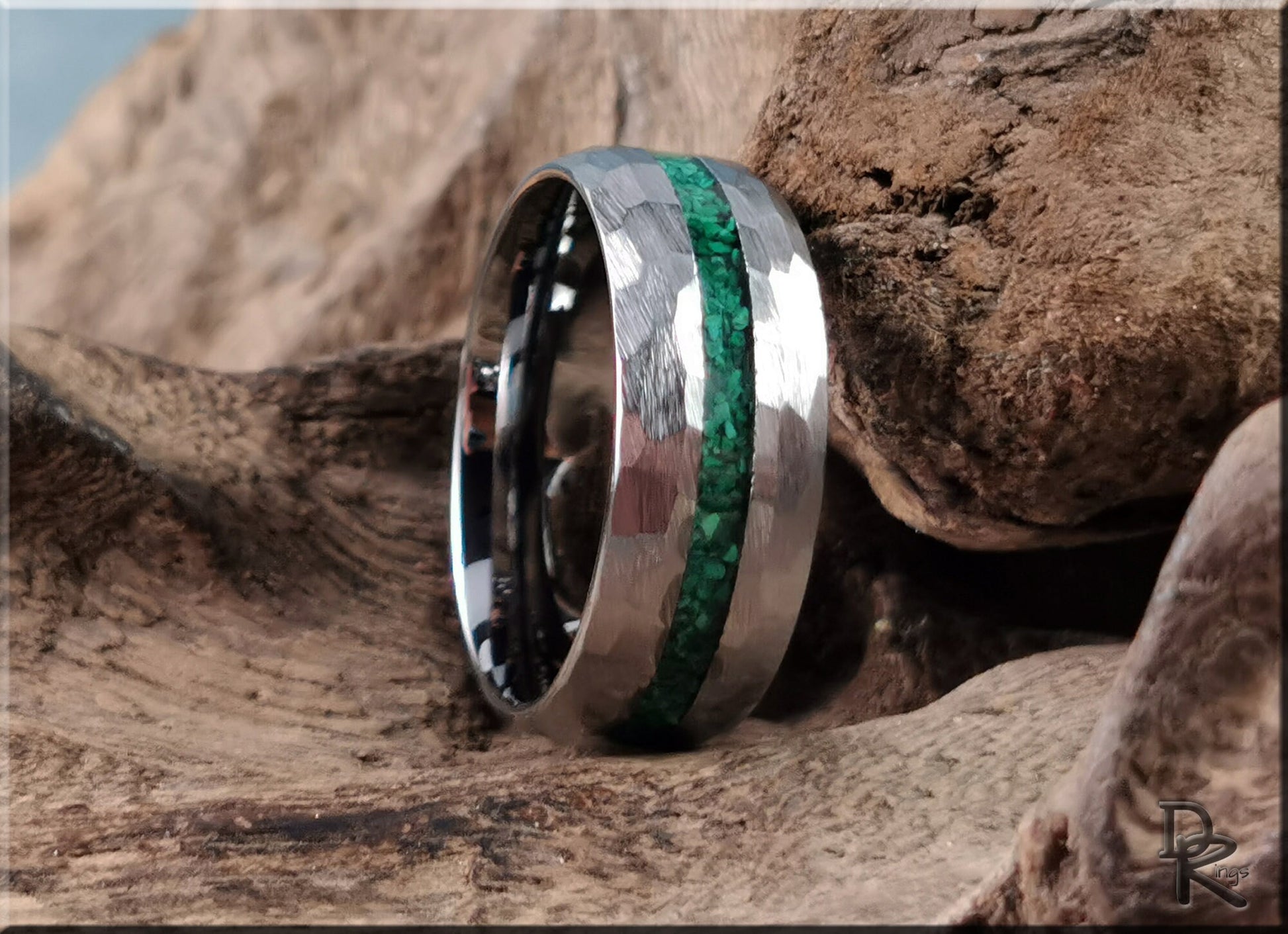 Hammered Tungsten Carbide Channel Ring w/Green Malachite inlay - metal ring