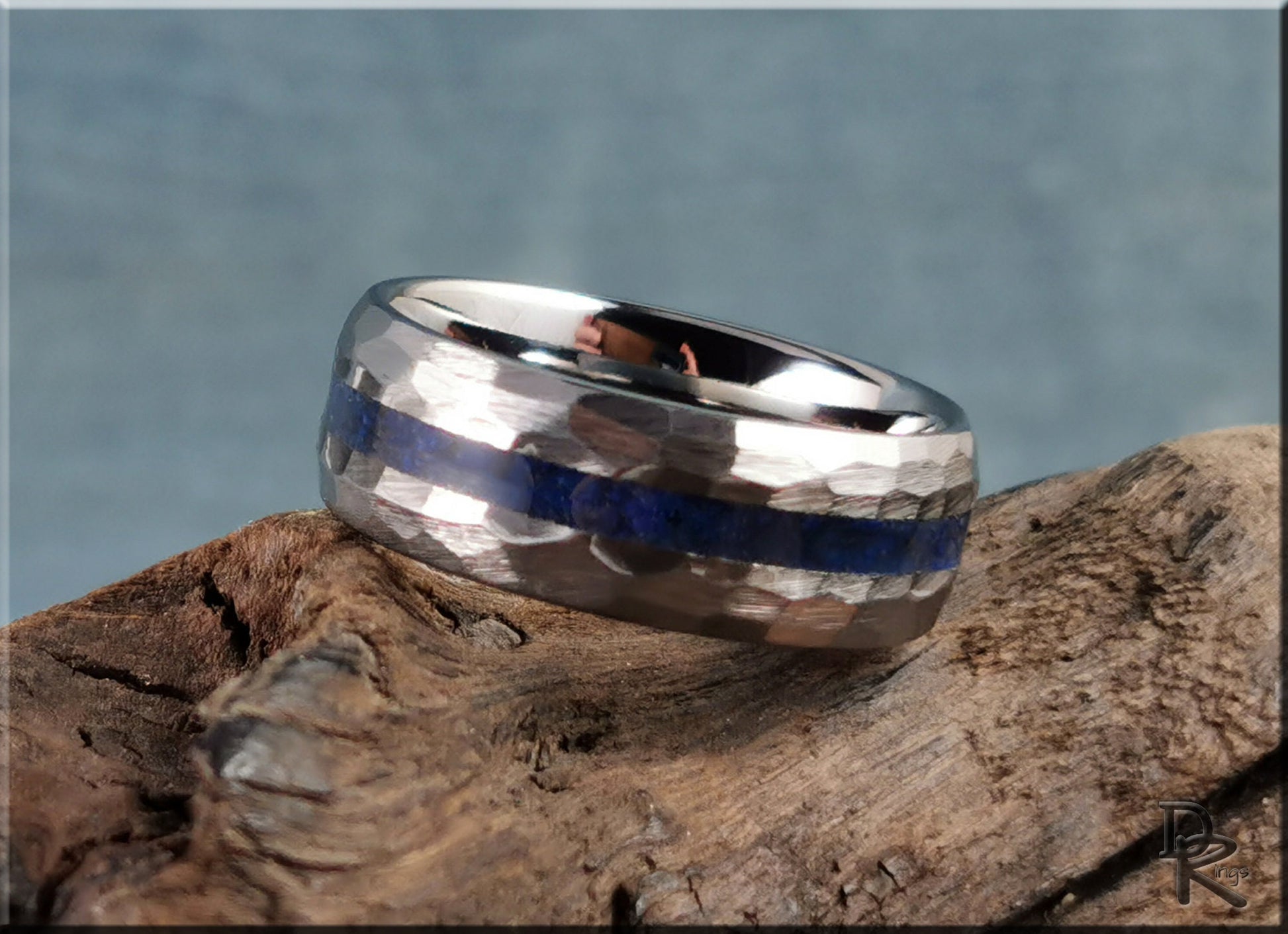 Hammered Tungsten Carbide Channel Ring w/Lapis Lazuli inlay - metal ring