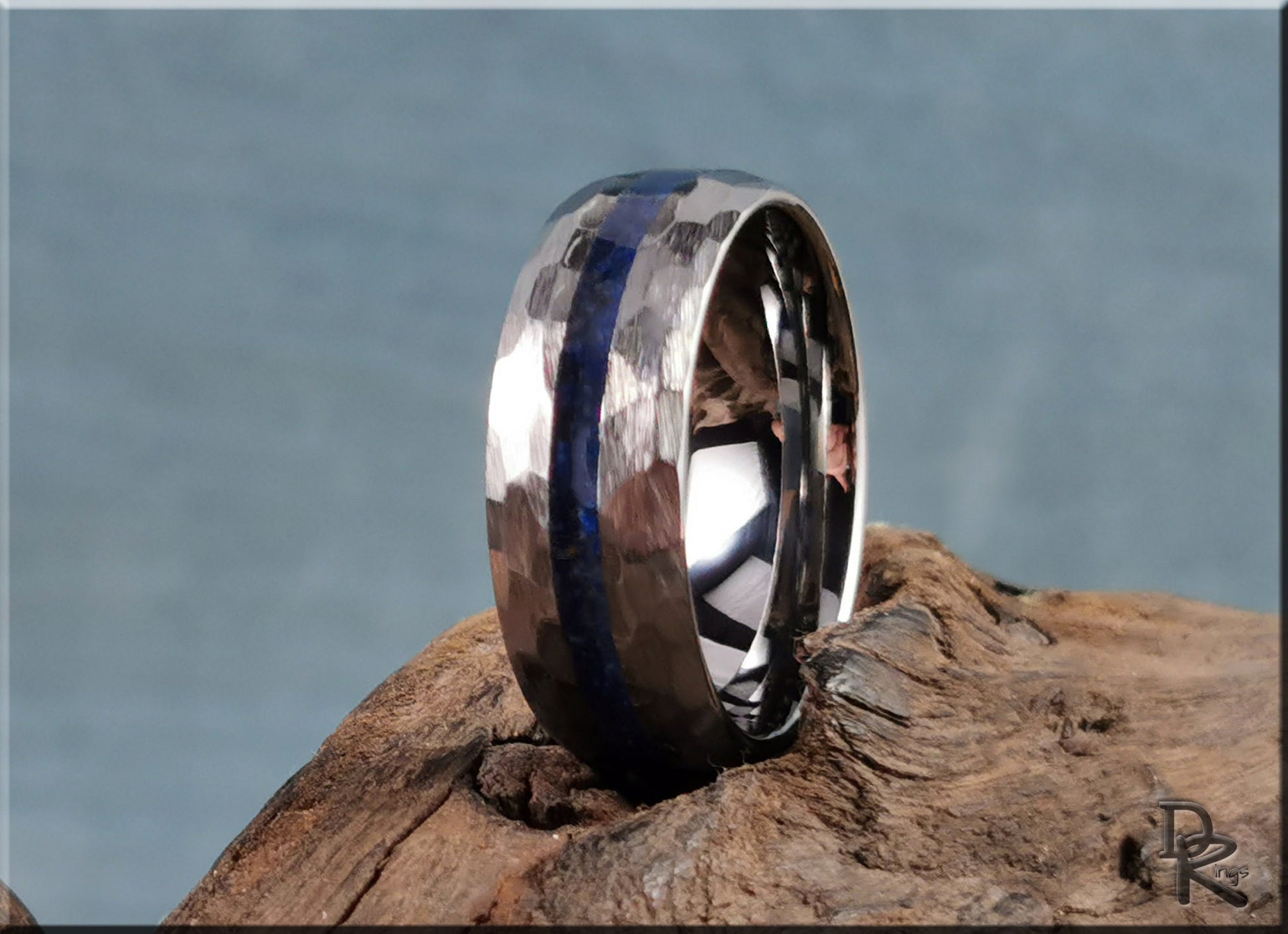 Hammered Tungsten Carbide Channel Ring w/Lapis Lazuli inlay - metal ring