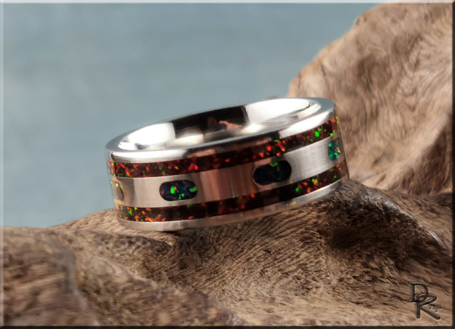 The 'Lined Ovals' Titanium Pattern Ring w/Dual Opal inlay - metal ring