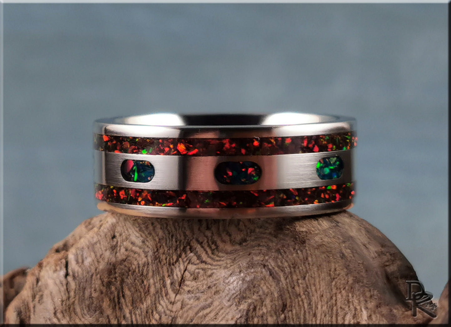 The 'Lined Ovals' Titanium Pattern Ring w/Dual Opal inlay - metal ring