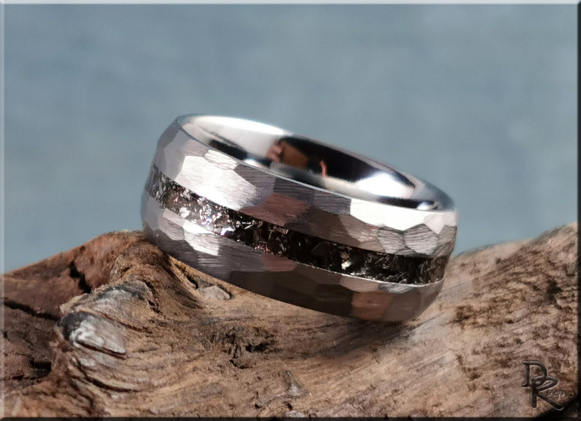 Hammered Tungsten Carbide Channel Ring w/Odessa Metorite inlay - metal ring