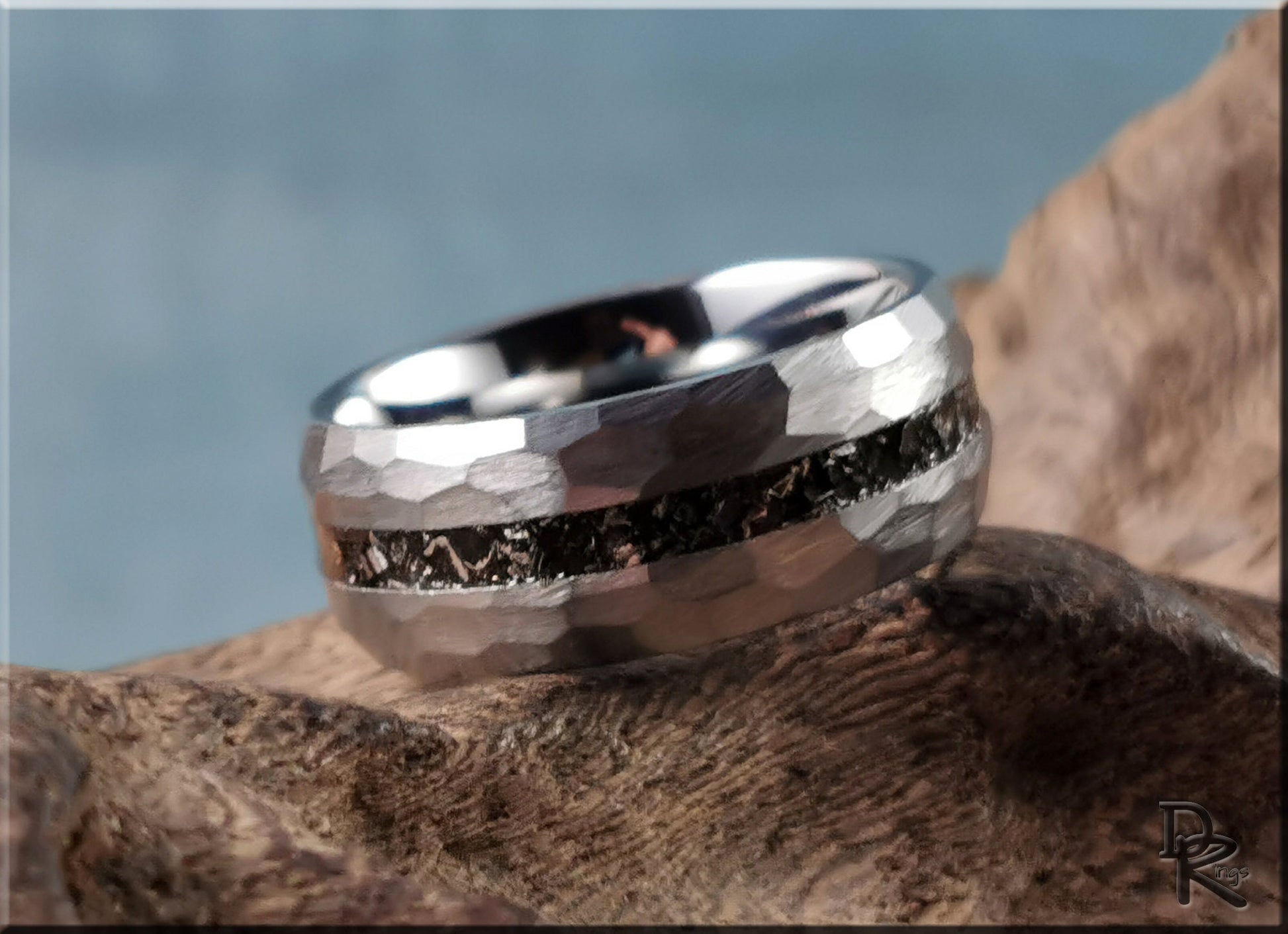 Hammered Tungsten Carbide Channel Ring w/Odessa Metorite inlay - metal ring