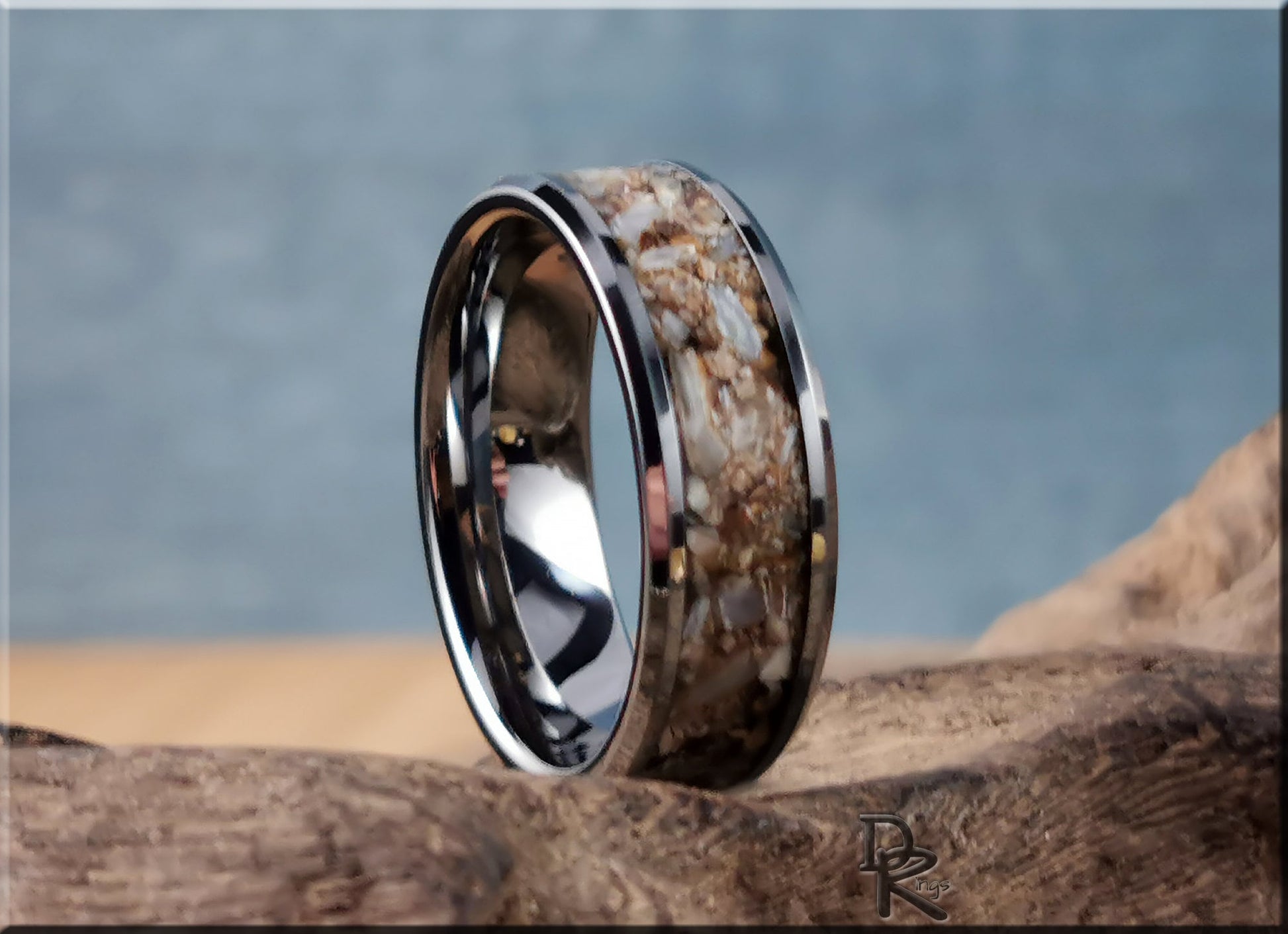 Tungsten Carbide Channel Ring w/Fossilised Ice Age Horse Tooth inlay - metal ring