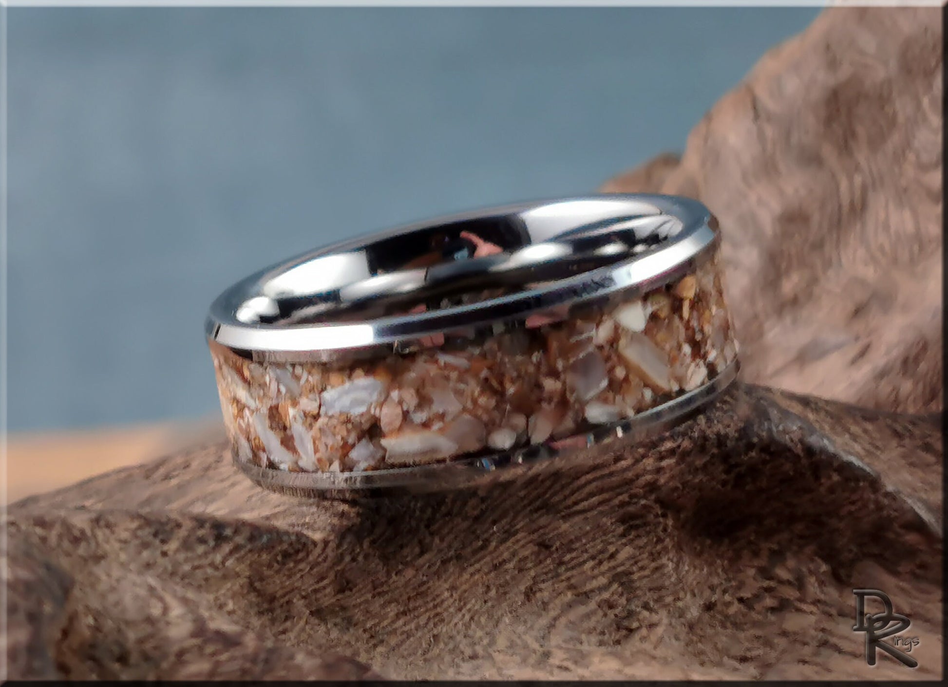 Tungsten Carbide Channel Ring w/Fossilised Ice Age Horse Tooth inlay - metal ring