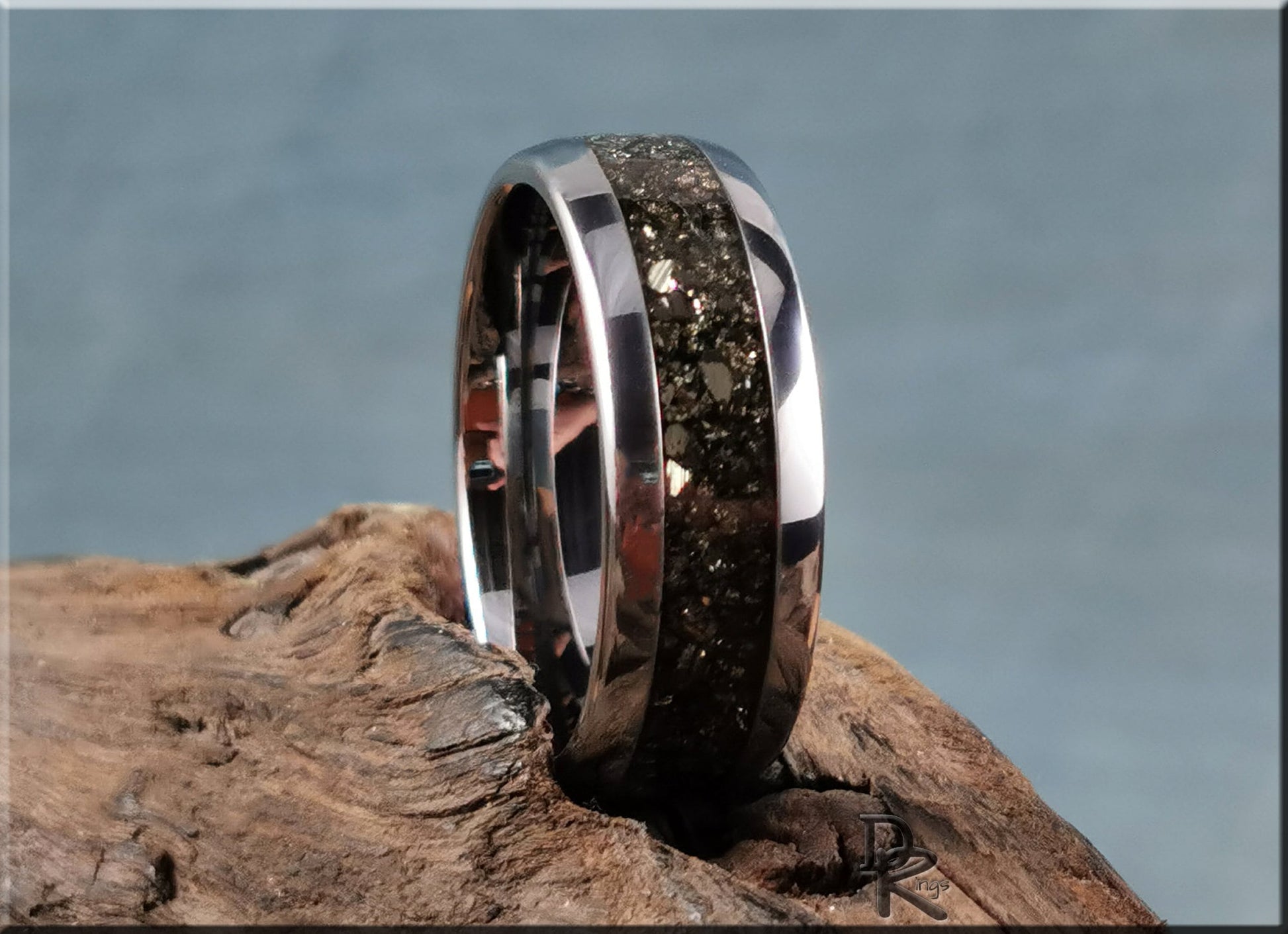 Domed Edge Tungsten Carbide Channel Ring w/Cocada Pyrite inlay - metal ring