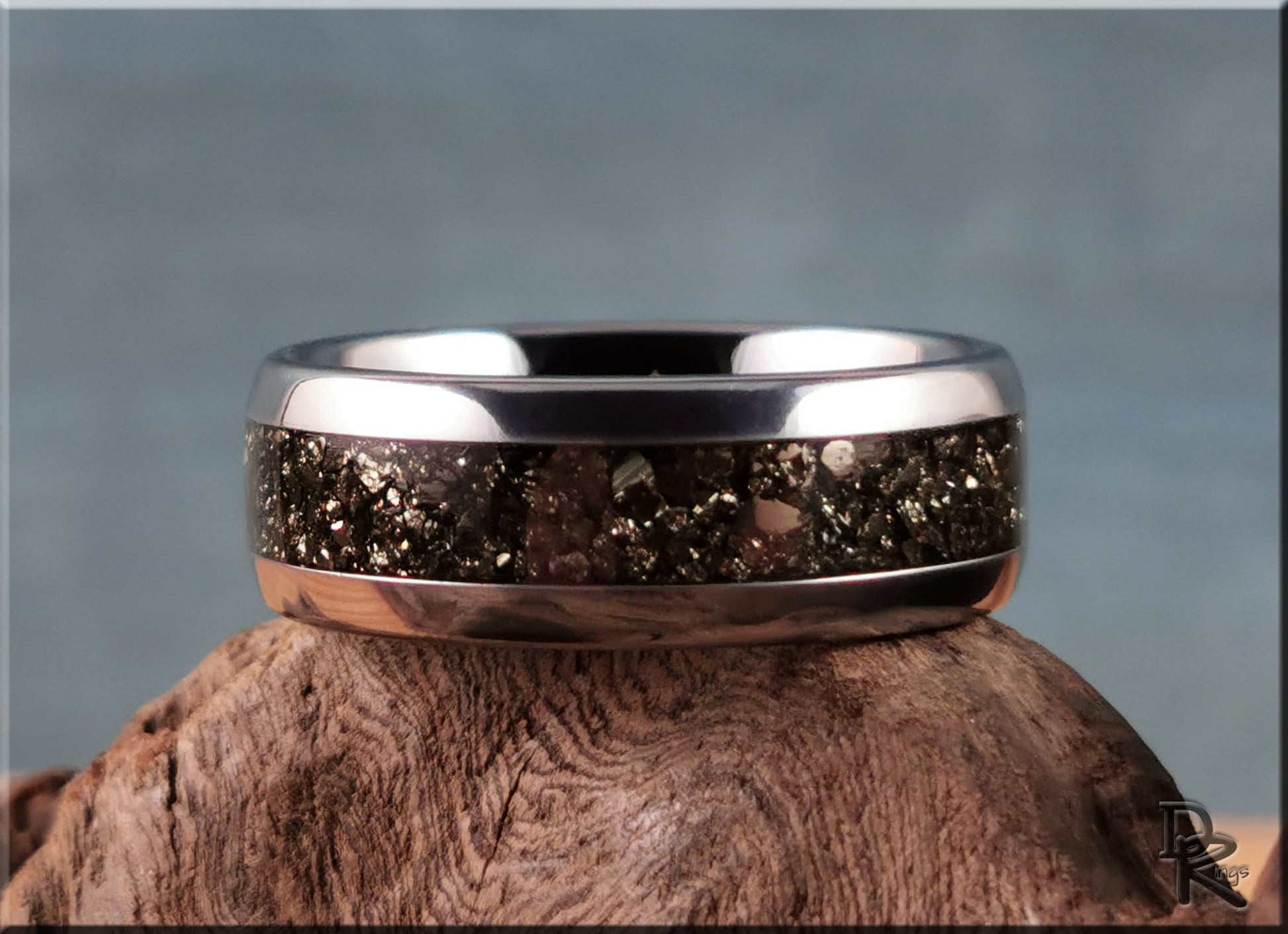 Domed Edge Tungsten Carbide Channel Ring w/Cocada Pyrite inlay - metal ring