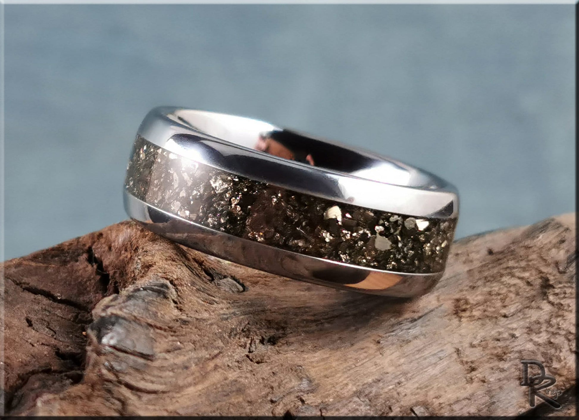 Domed Edge Tungsten Carbide Channel Ring w/Cocada Pyrite inlay - metal ring