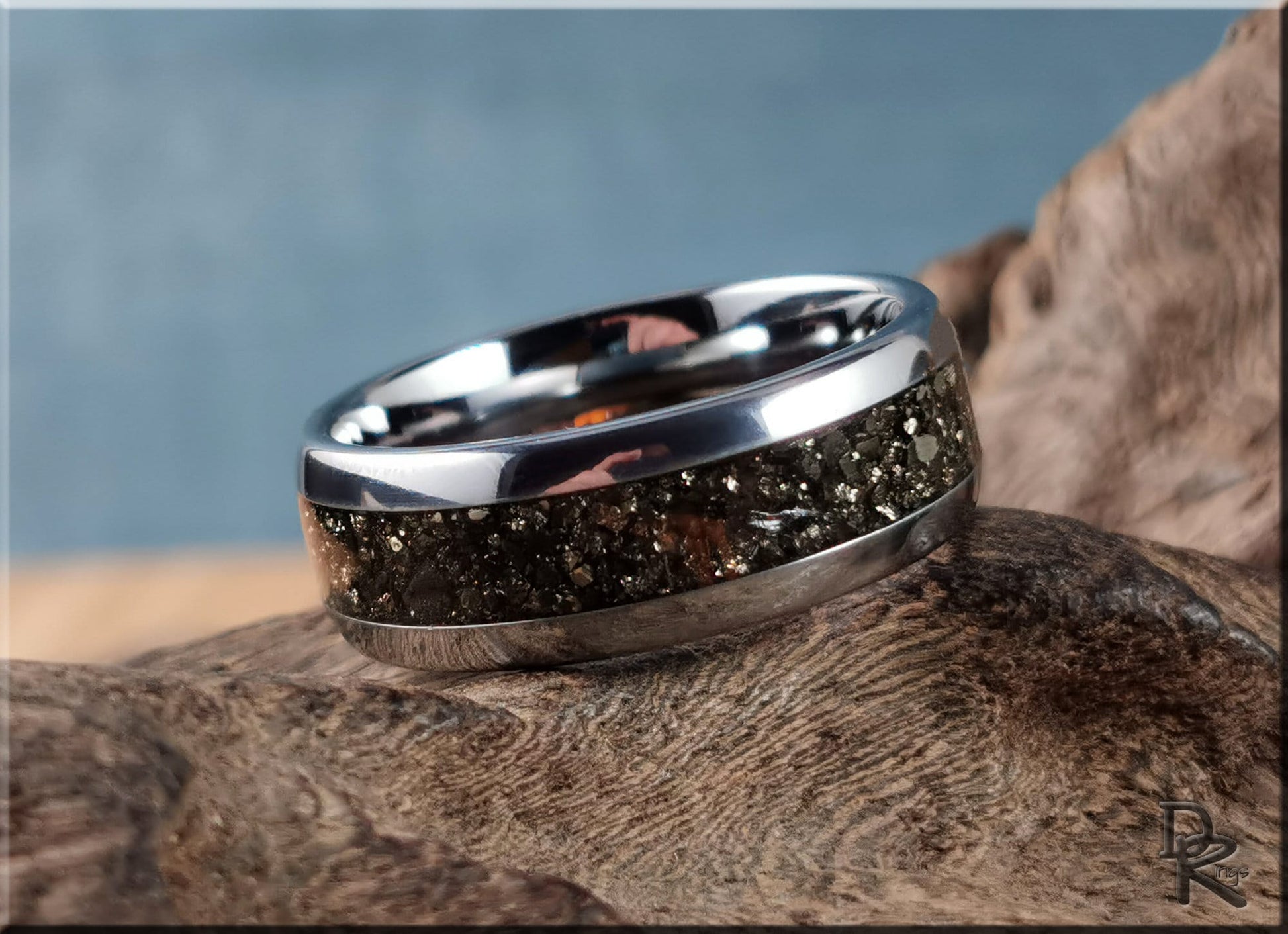 Domed Edge Tungsten Carbide Channel Ring w/Cocada Pyrite inlay - metal ring