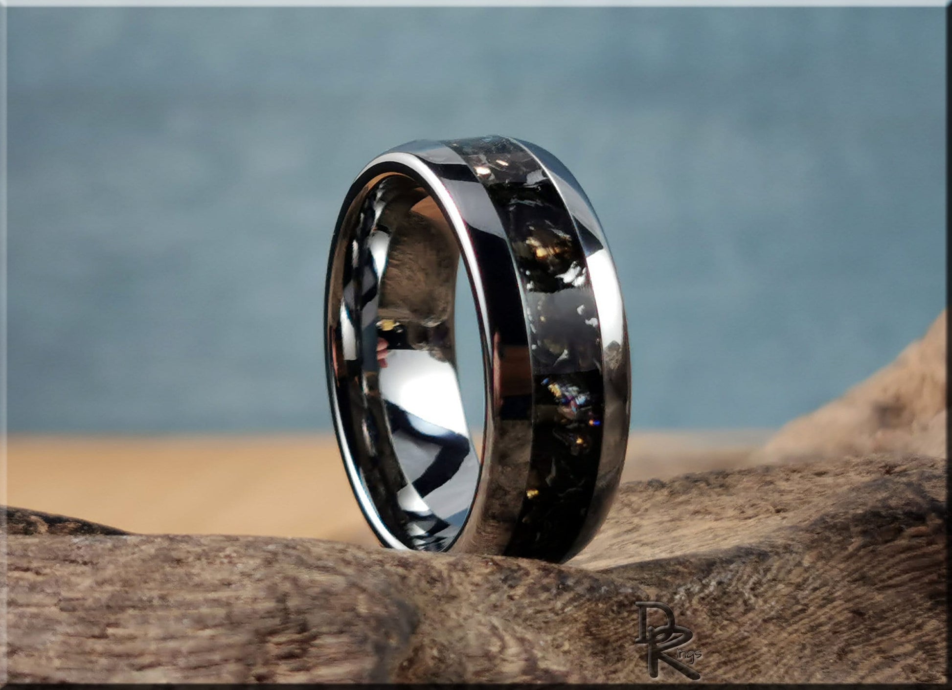 Domed Edge Tungsten Carbide Ring w/Aletai Meteorite inlay - metal ring